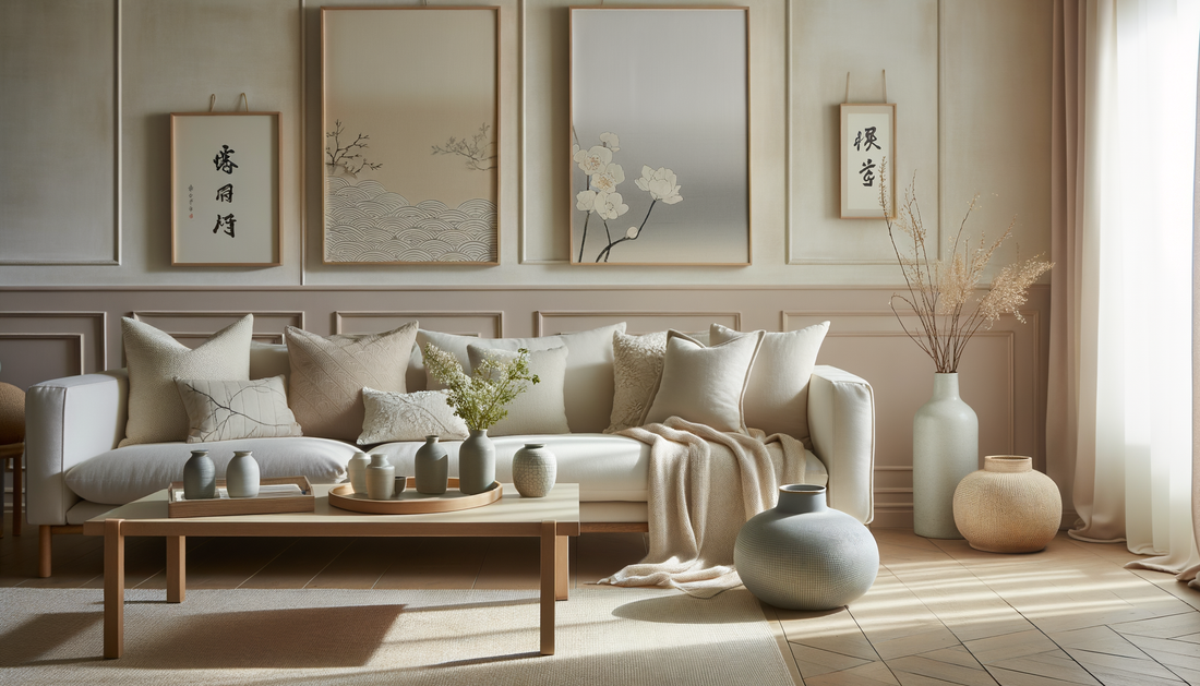pastel tonlarda, zarif yastıklı, minimalist ve huzurlu bir oturma odası görünümü