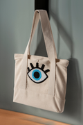 Göz Desenli Bez Keten Omuz Çantası, Plaj Çantası, İşlemeli El ve Kol Çantası %100 Pamuk 36x29 cm