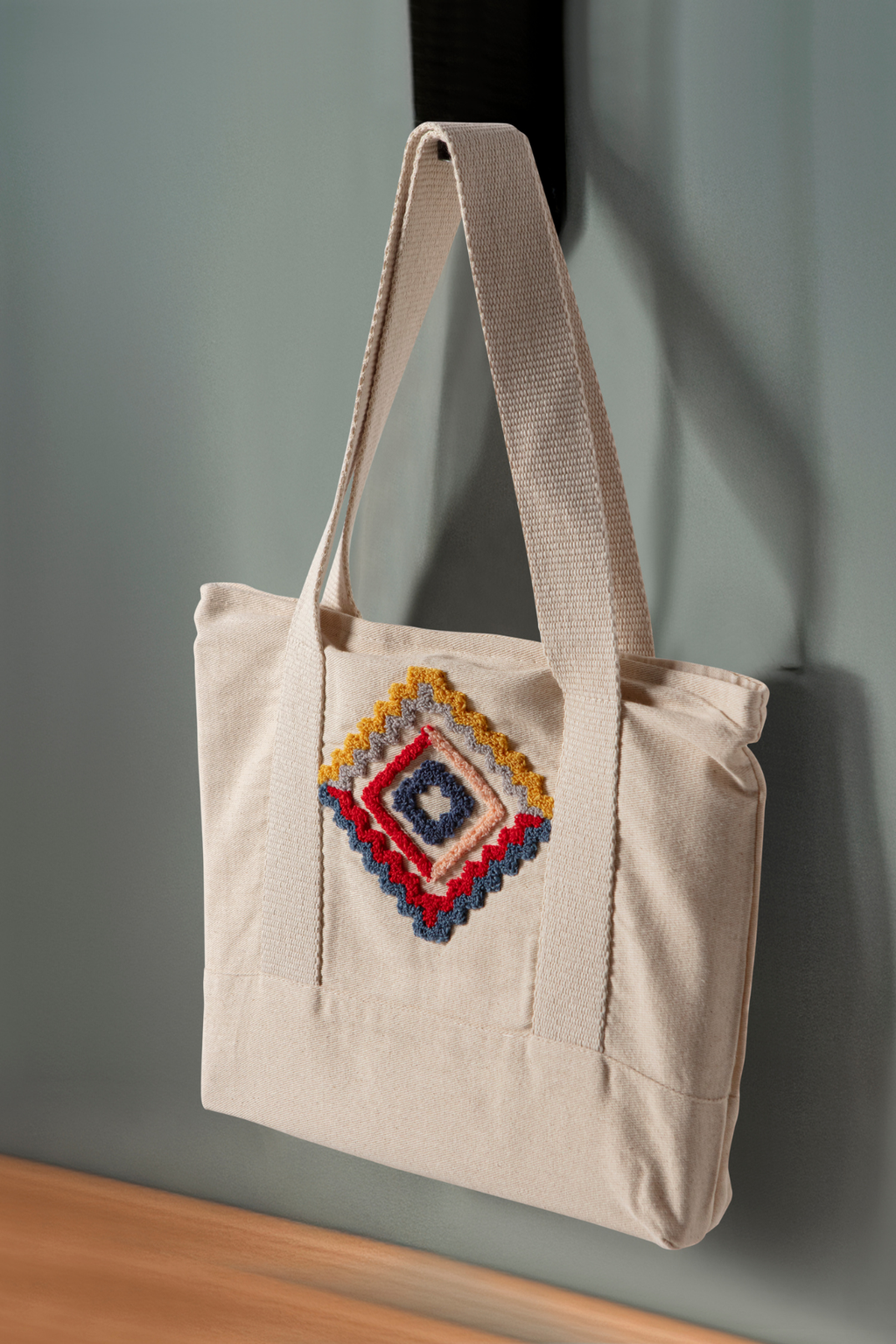 Geometrik Desenli Bez Keten Omuz Çantası, Plaj Çantası, İşlemeli El ve Kol Çantası %100 Pamuk 36x29 cm