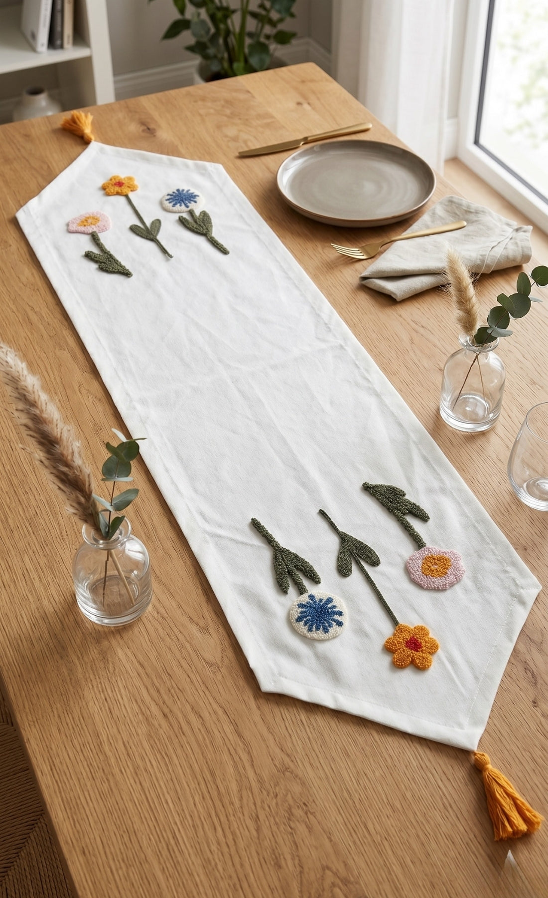 Punch İşlemeli Keten Dekoratif Vintage Bohem 140x35 Runner Masa Örtüsü