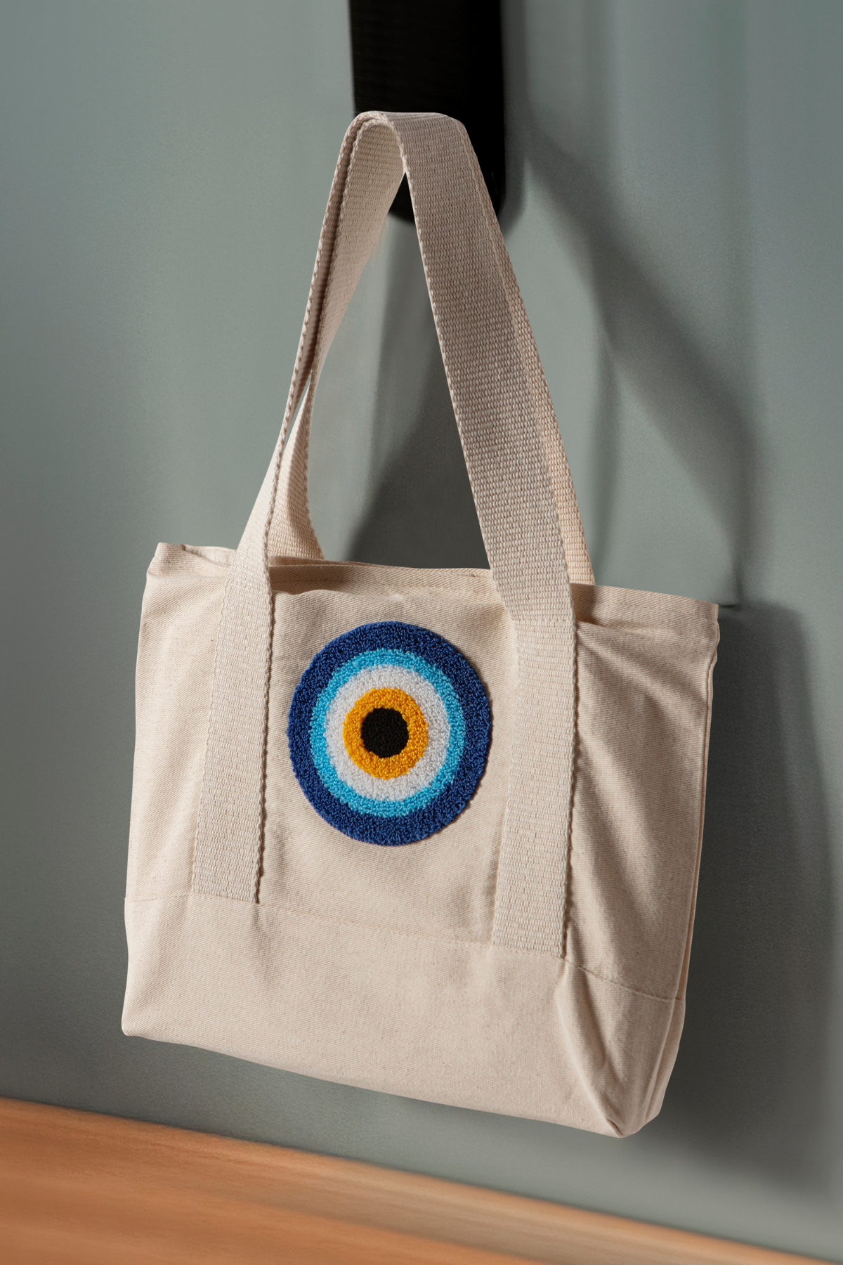 Nazar Boncuğu Desenli Bez Keten Omuz Çantası, Plaj Çantası, İşlemeli El ve Kol Çantası %100 Pamuk 36x29 cm