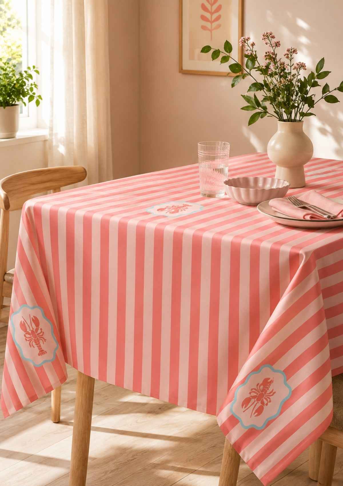 Pembe Baskılı Çizgili Dertsiz Leke Tutmaz Desenli Dikdörtgen Bahçe Balkon Salon Mutfak Masa Piknik Örtüsü 140x220cm