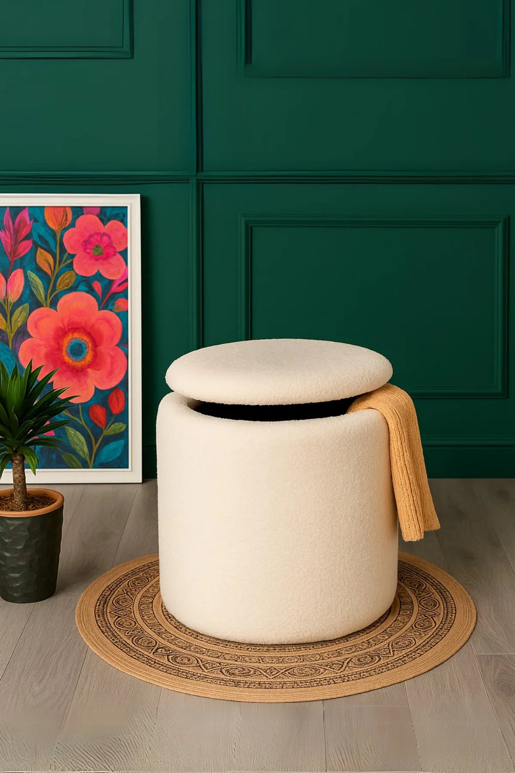 BEJ PELUŞ SANDIKLI LARGE ÇOK AMAÇLI PUF KOLTUK MAKYAJ PUFU BENCH PUF TABURE