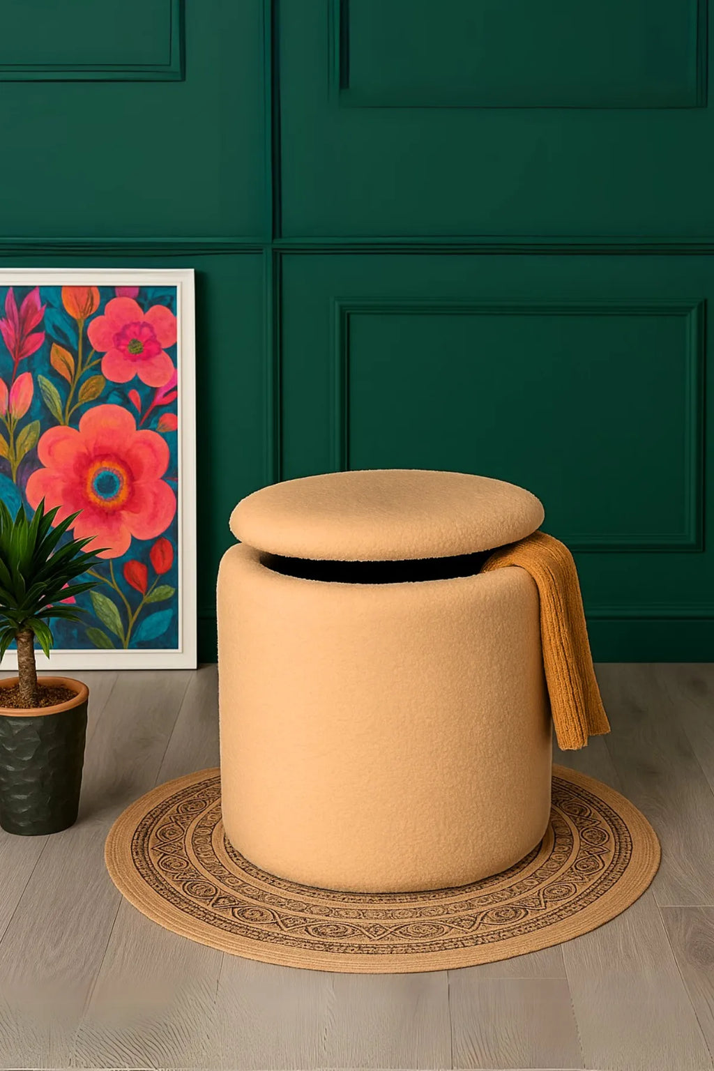 BEJ PELUŞ SANDIKLI LARGE ÇOK AMAÇLI PUF KOLTUK MAKYAJ PUFU BENCH PUF TABURE