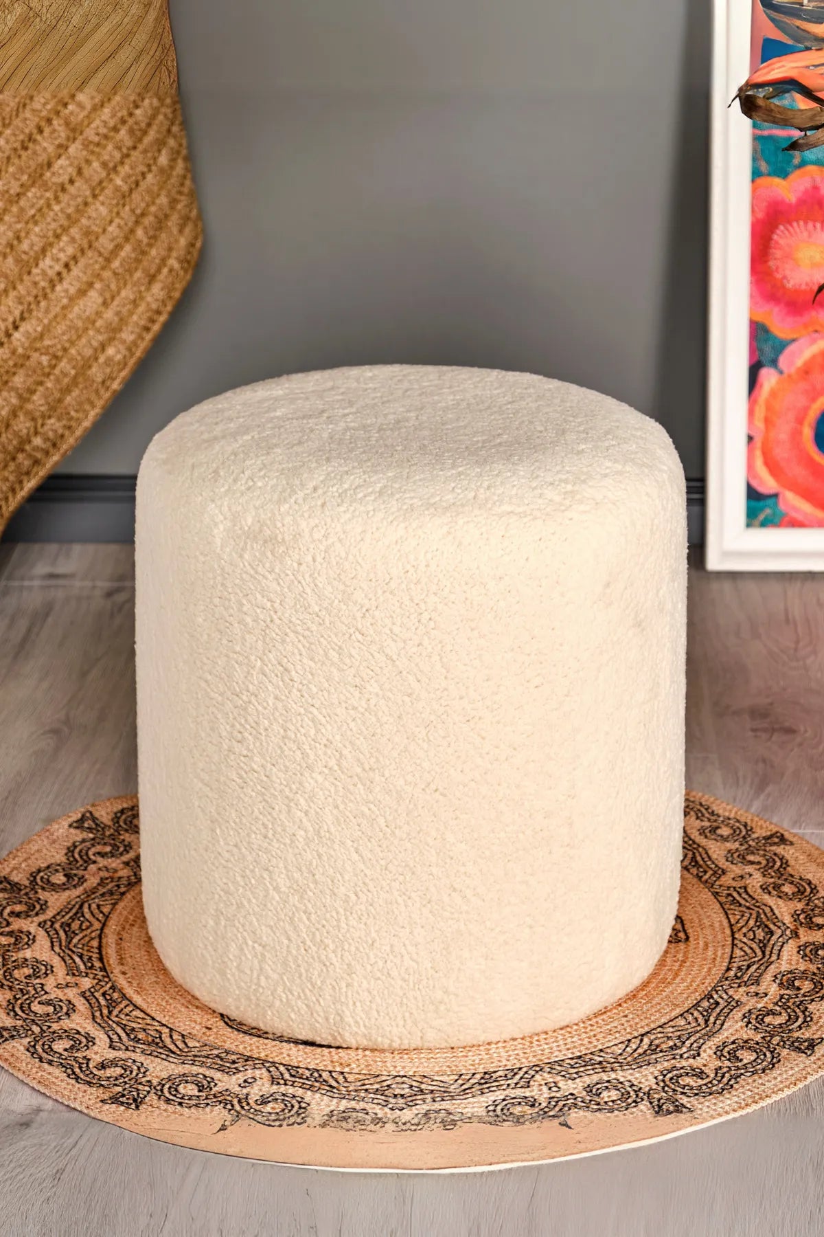 Silindir Puf Tabure Kuzu Kumaş Bej Makyaj Pufu Puf Sandalye Ayak Uzatma Pufu