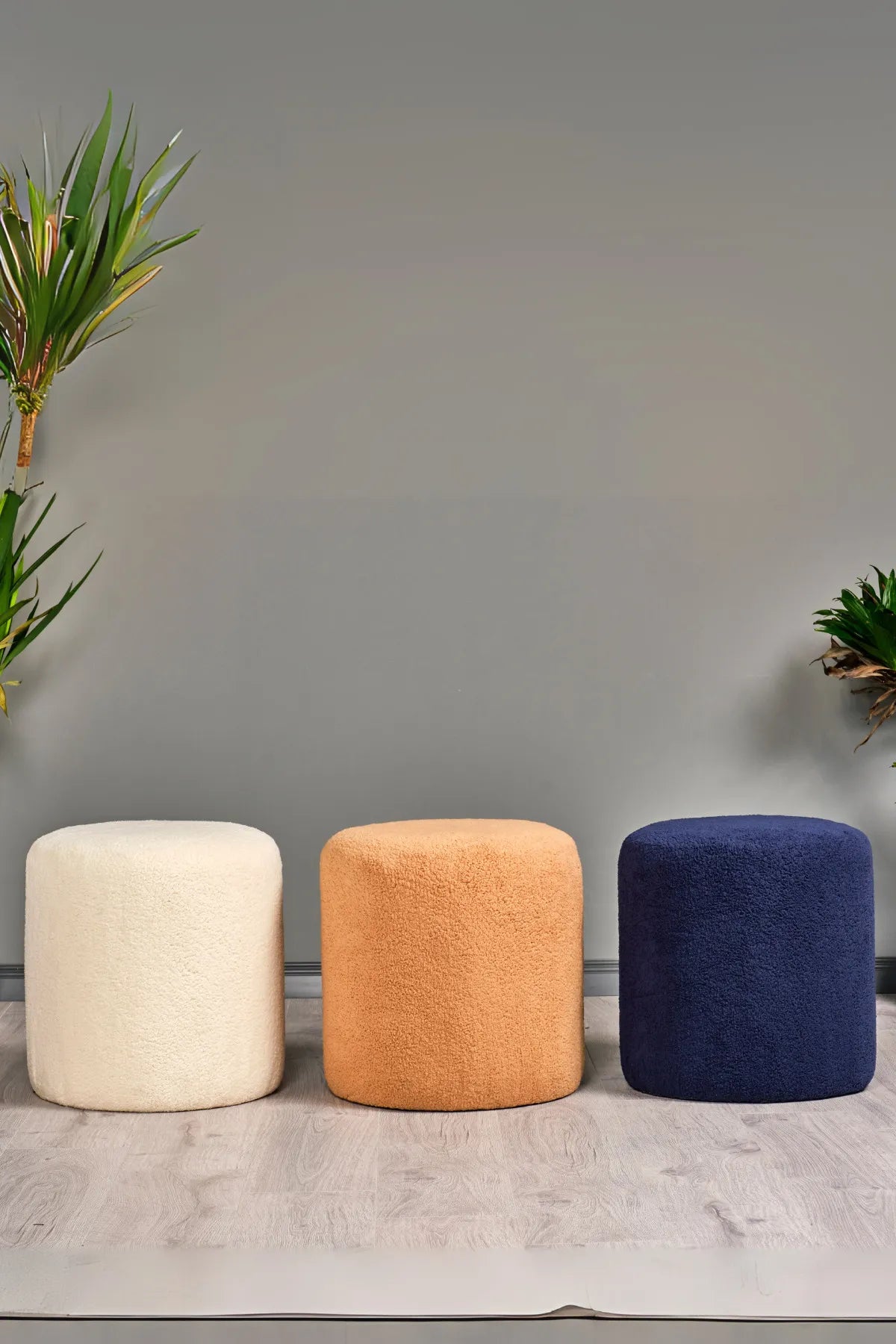 Silindir Puf Tabure Kuzu Kumaş Bej Makyaj Pufu Puf Sandalye Ayak Uzatma Pufu