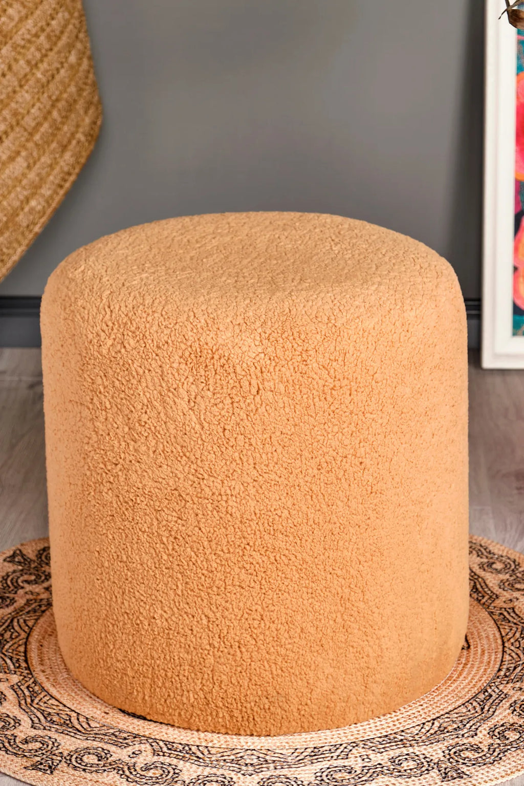 Silindir Puf Tabure Kuzu Kumaş Bej Makyaj Pufu Puf Sandalye Ayak Uzatma Pufu