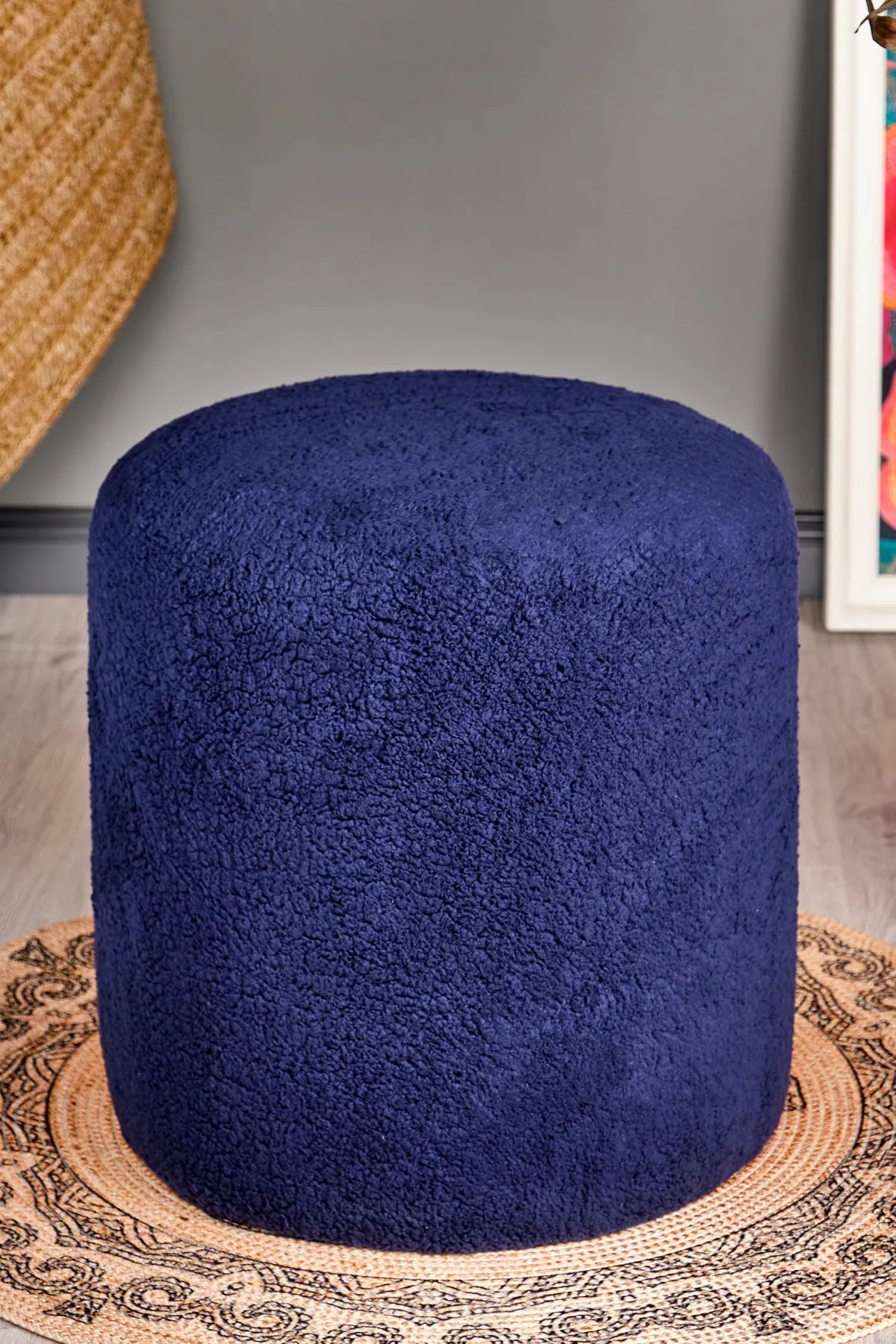 Silindir Puf Tabure Kuzu Kumaş Bej Makyaj Pufu Puf Sandalye Ayak Uzatma Pufu