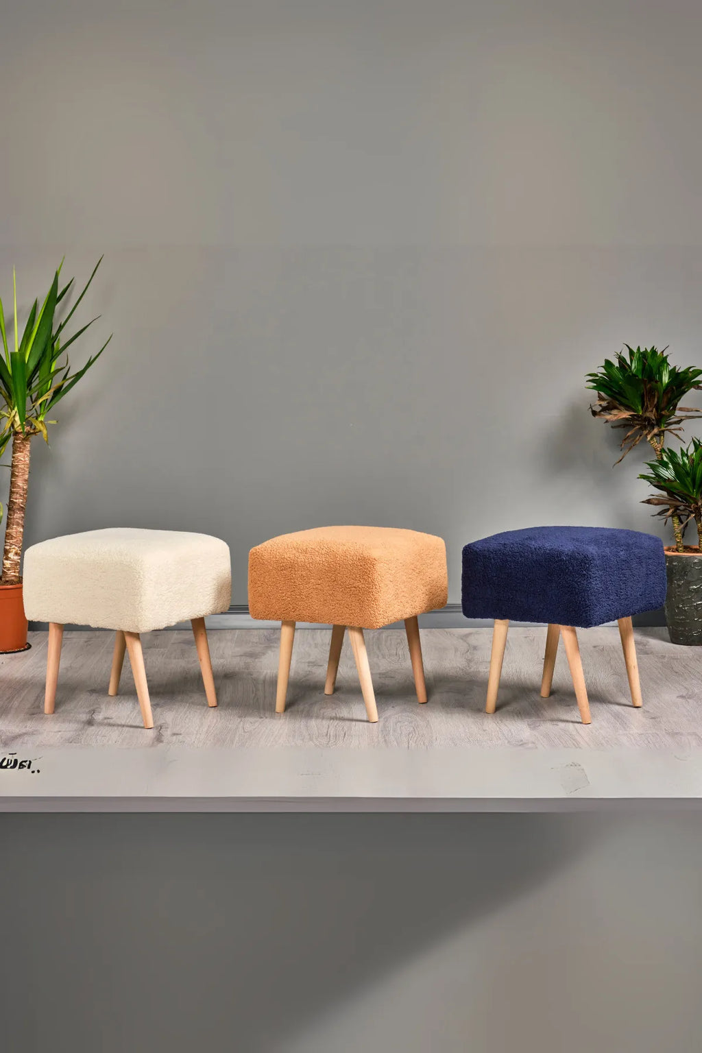 Puf Tabure Ahşap Ayaklı Kuzu Kumaş Makyaj Pufu Puf Sandalye Ayak Uzatma Pufu Kare Puf Bench