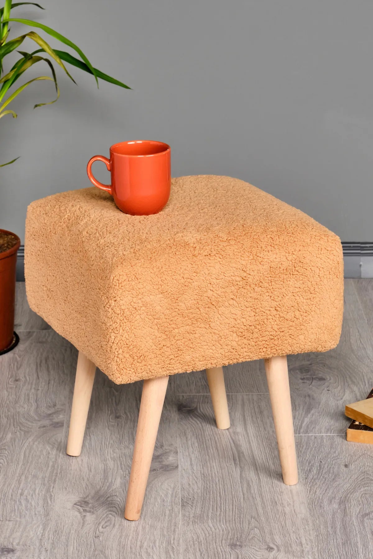 Puf Tabure Ahşap Ayaklı Kuzu Kumaş Makyaj Pufu Puf Sandalye Ayak Uzatma Pufu Kare Puf Bench