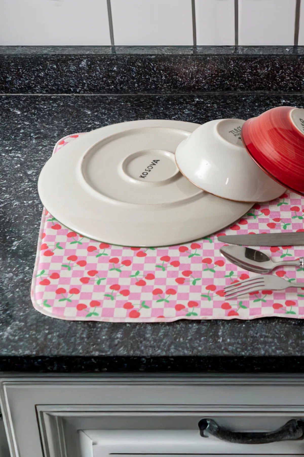 Bulaşık Kurutma Örtüsü, Bulaşıklık, Tezgah Üstü Bulaşık Matı, Süper Emici Mutfak Matı, Kiraz Desenli