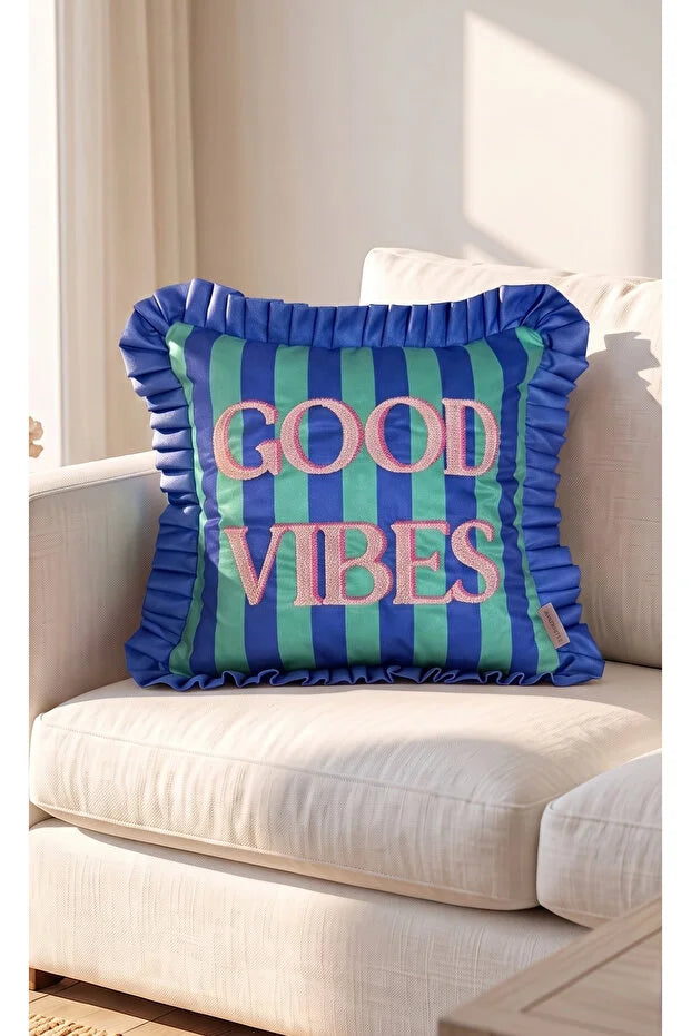 GOOD VİBES BASKILI SÜET FIRFIRLI YASTIK KIRLENT KILIFI PUNCH SÜZENE İŞLEMELİ
