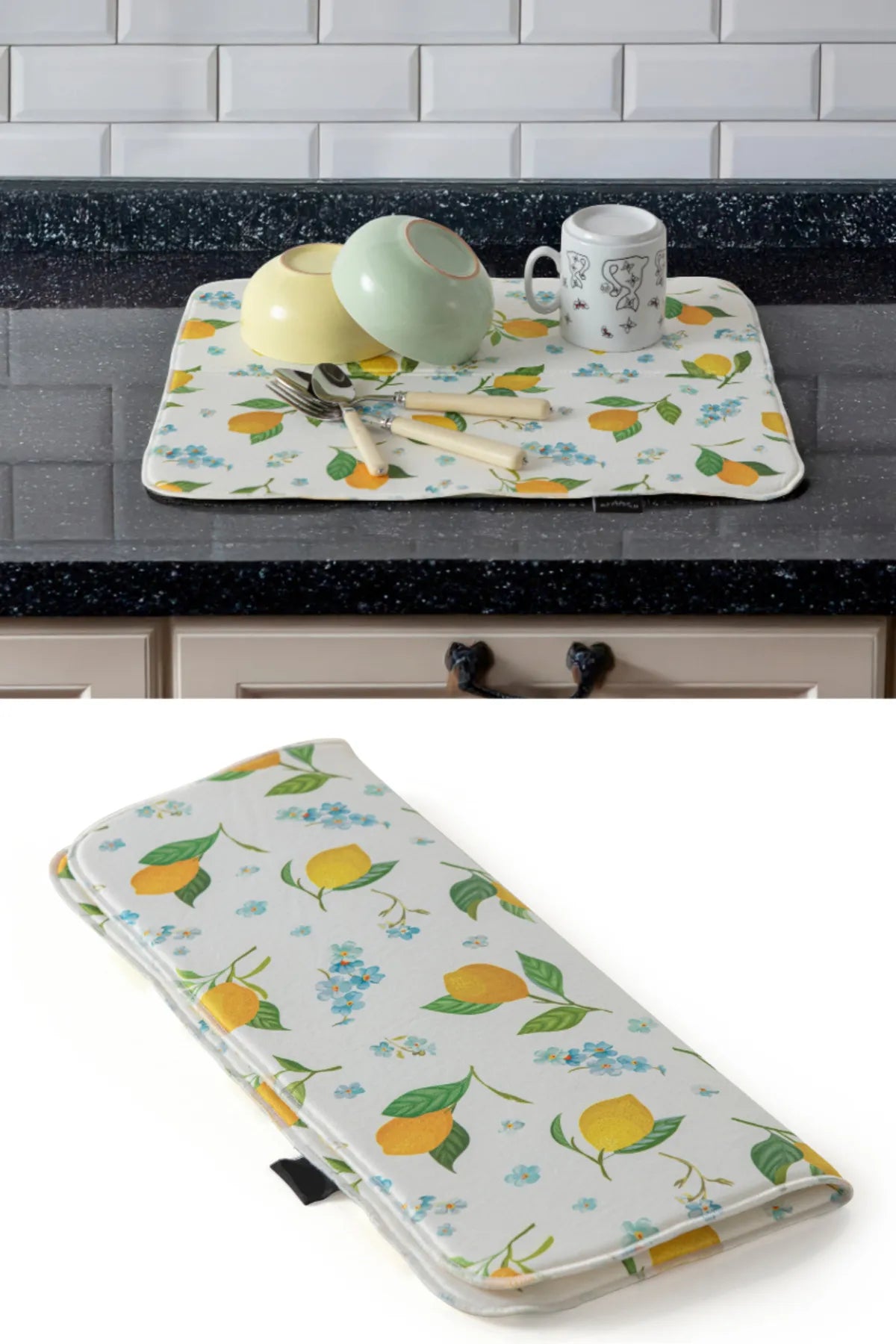 Bulaşık Kurutma Örtüsü, Bulaşıklık, Tezgah Üstü Bulaşık Matı, Süper Emici Mutfak Matı, Limon Desenli