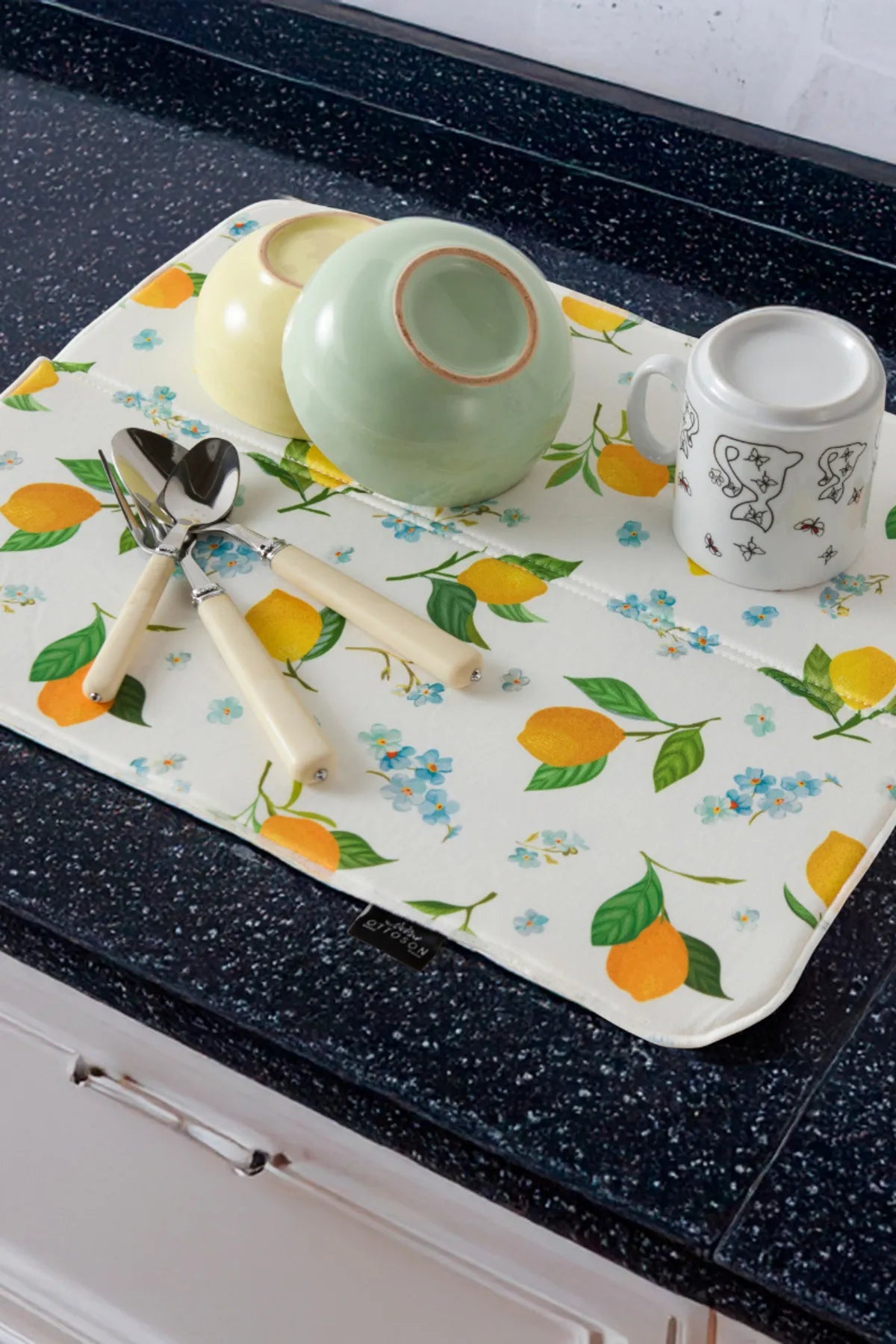 Bulaşık Kurutma Örtüsü, Bulaşıklık, Tezgah Üstü Bulaşık Matı, Süper Emici Mutfak Matı, Limon Desenli