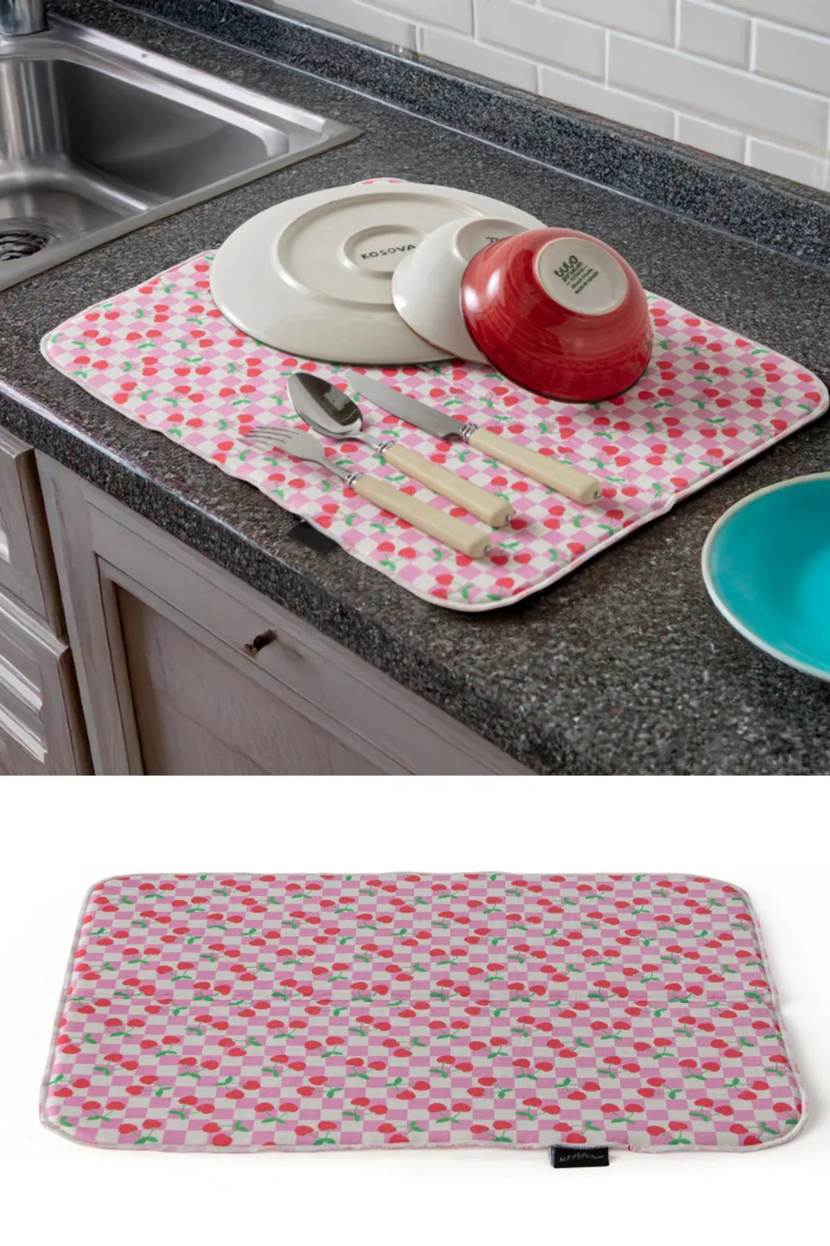 Bulaşık Kurutma Örtüsü, Bulaşıklık, Tezgah Üstü Bulaşık Matı, Süper Emici Mutfak Matı, Kiraz Desenli