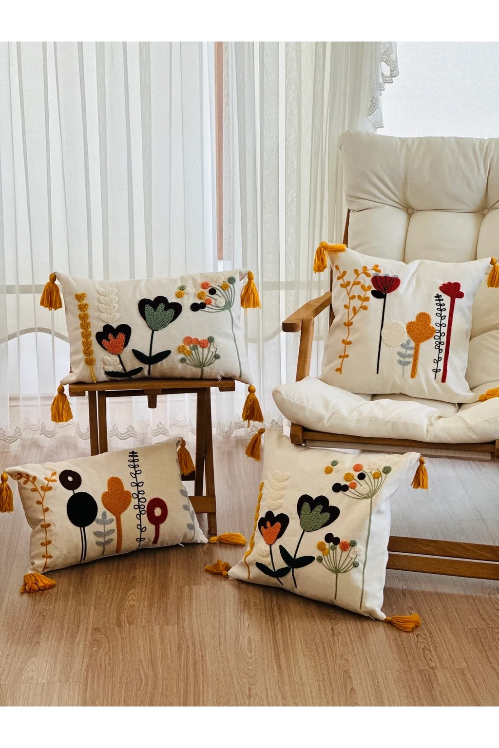 4'lü Kombin Punch İşlemeli Dekoratif Kırlent Kılıfı Seti, Beyaz