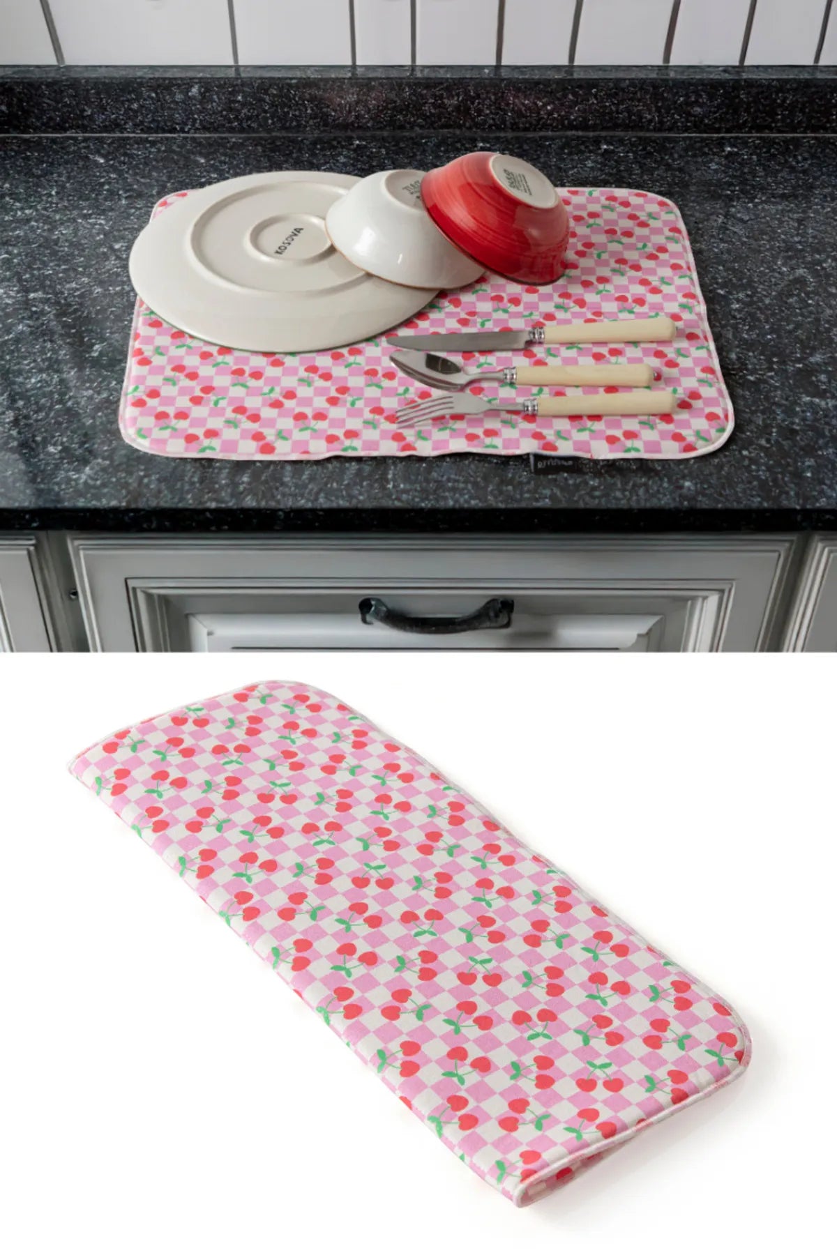 Bulaşık Kurutma Örtüsü, Bulaşıklık, Tezgah Üstü Bulaşık Matı, Süper Emici Mutfak Matı, Kiraz Desenli