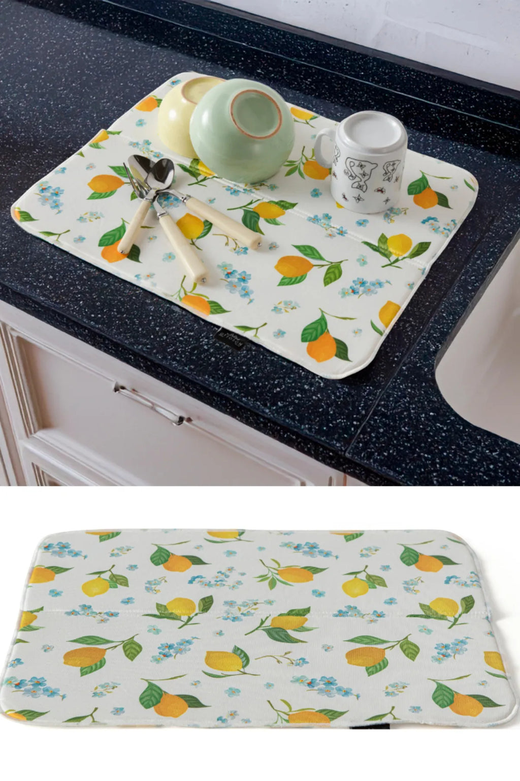 Bulaşık Kurutma Örtüsü, Bulaşıklık, Tezgah Üstü Bulaşık Matı, Süper Emici Mutfak Matı, Limon Desenli