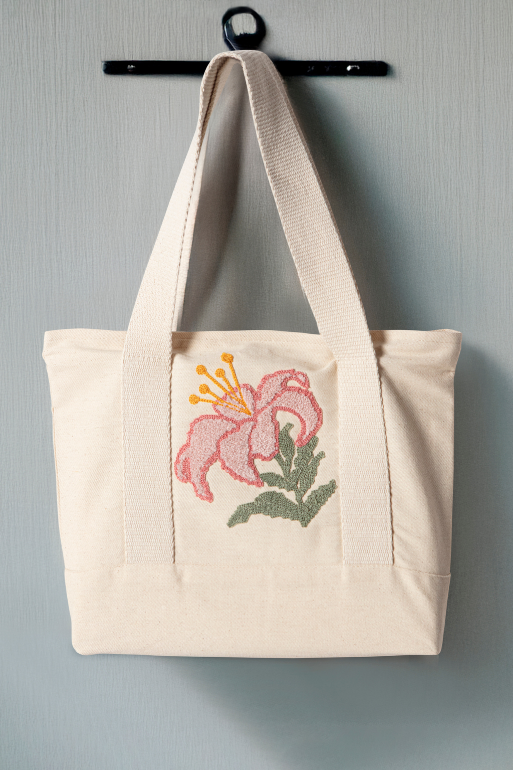 Pembe Çiçek Desenli Bez Keten Omuz Çantası, Plaj Çantası, İşlemeli El ve Kol Çantası %100 Pamuk 36x29 cm