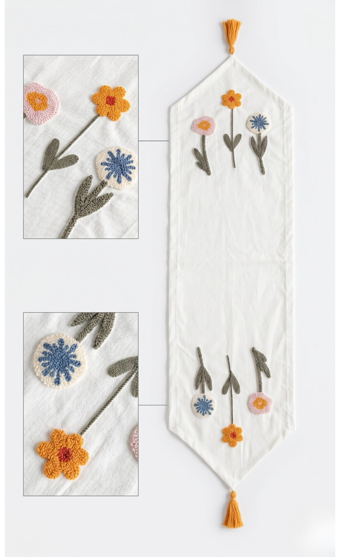 Punch İşlemeli Keten Dekoratif Vintage Bohem 140x35 Runner Masa Örtüsü