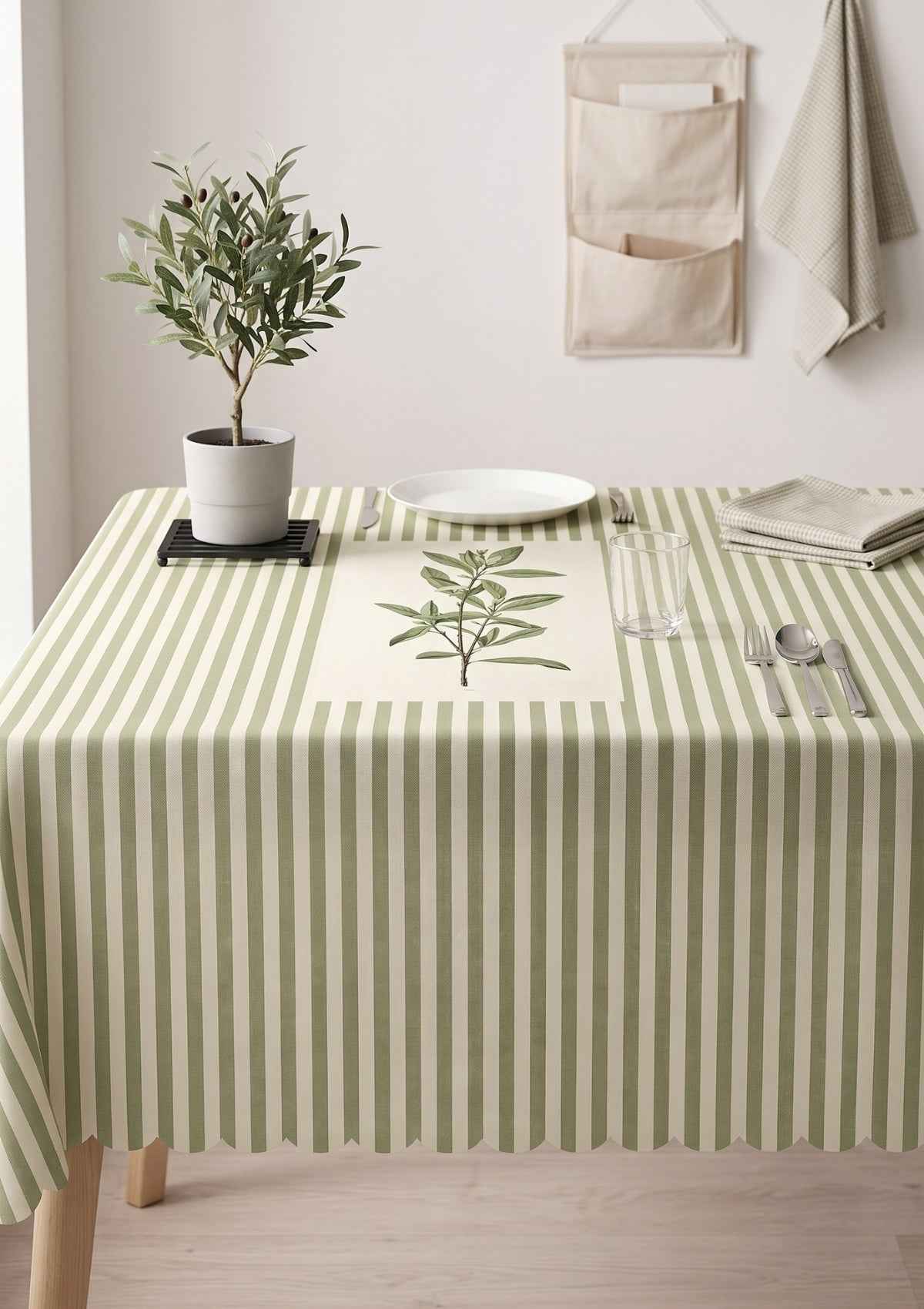 Zeytindalı Baskılı Çizgili Dertsiz Leke Tutmaz Desenli Dikdörtgen Bahçe Balkon Salon Mutfak Masa Piknik Örtüsü 140x220cm