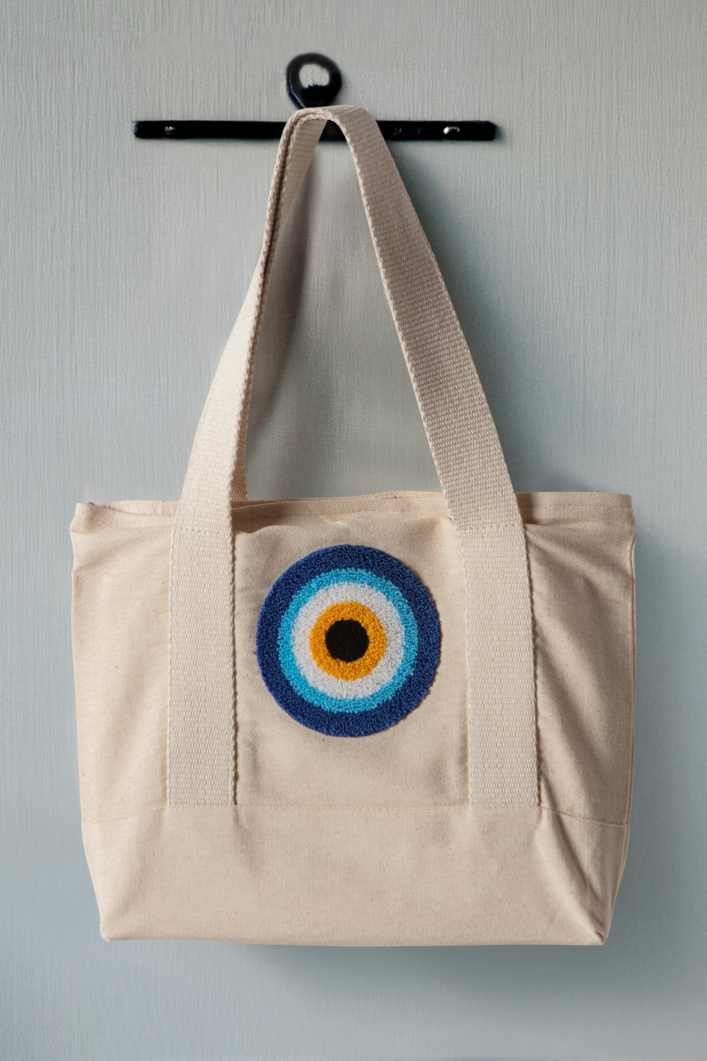 Nazar Boncuğu Desenli Bez Keten Omuz Çantası, Plaj Çantası, İşlemeli El ve Kol Çantası %100 Pamuk 36x29 cm