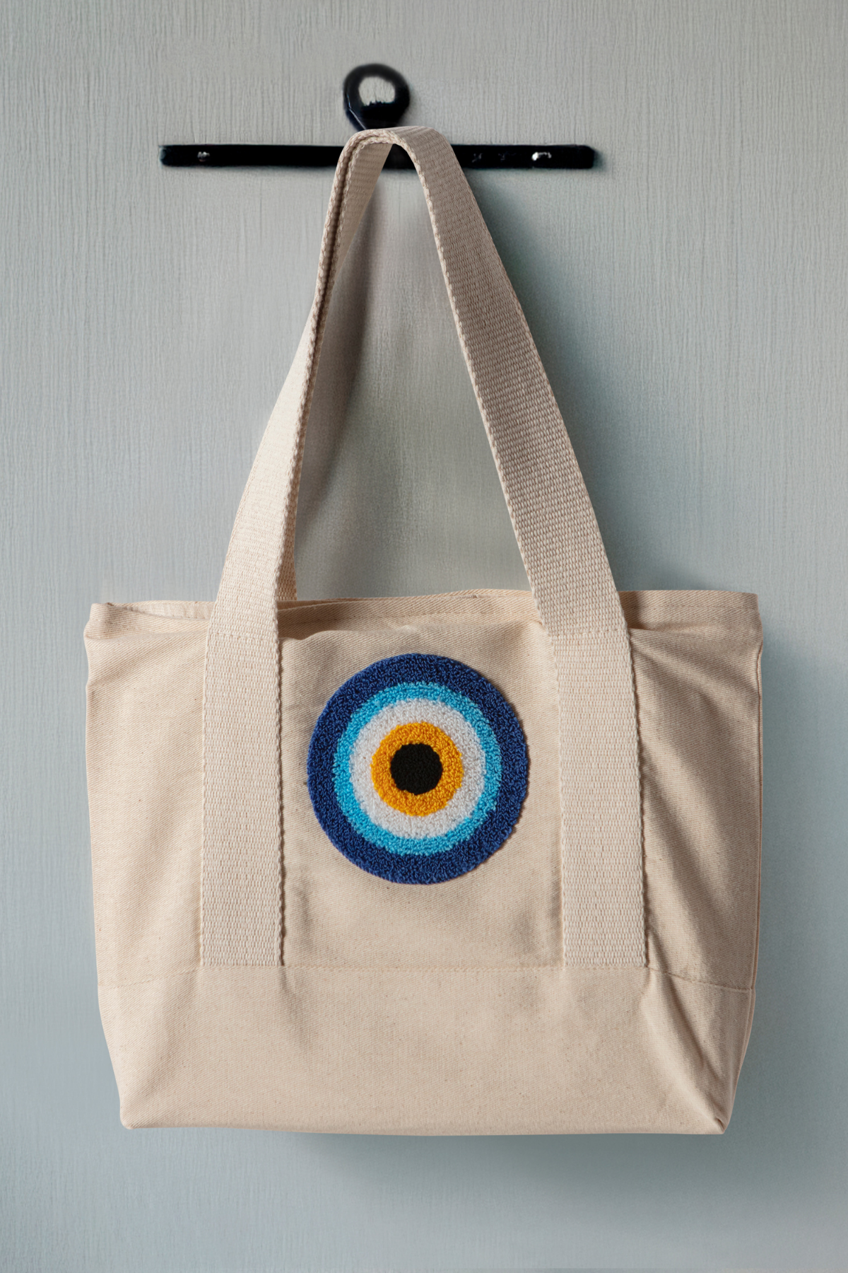 Nazar Boncuğu Desenli Bez Keten Omuz Çantası, Plaj Çantası, İşlemeli El ve Kol Çantası %100 Pamuk 36x29 cm