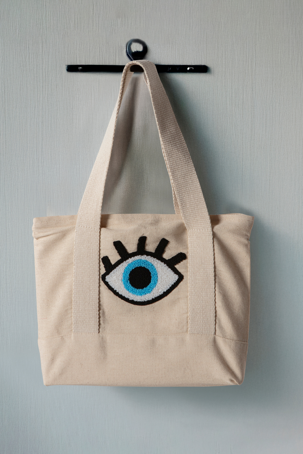 Göz Desenli Bez Keten Omuz Çantası, Plaj Çantası, İşlemeli El ve Kol Çantası %100 Pamuk 36x29 cm