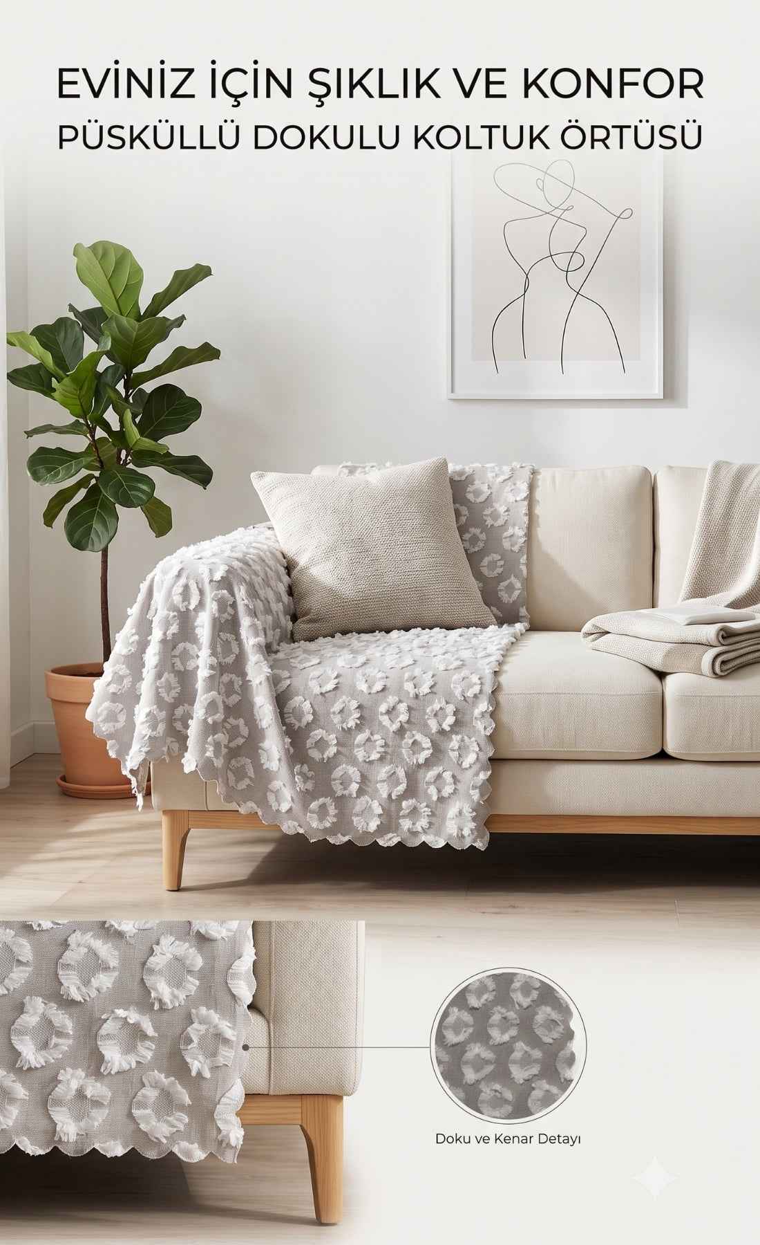 Çok Amaçlı Koltuk Şalı Çekyat Örtüsü Kanepe Koruyucu Kabartma Desenli Bej 175x215cm