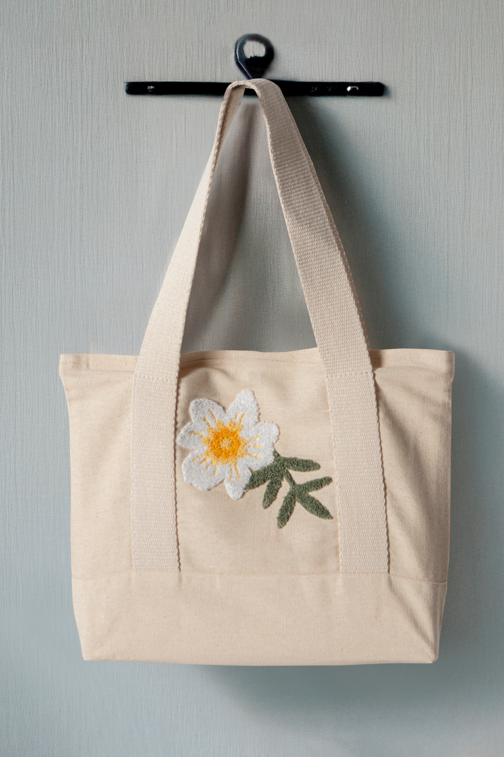 Papatya Desenli Bez Keten Omuz Çantası, Plaj Çantası, İşlemeli El ve Kol Çantası %100 Pamuk 36x29 cm