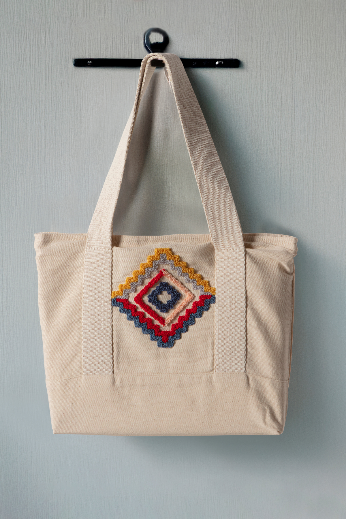 Geometrik Desenli Bez Keten Omuz Çantası, Plaj Çantası, İşlemeli El ve Kol Çantası %100 Pamuk 36x29 cm