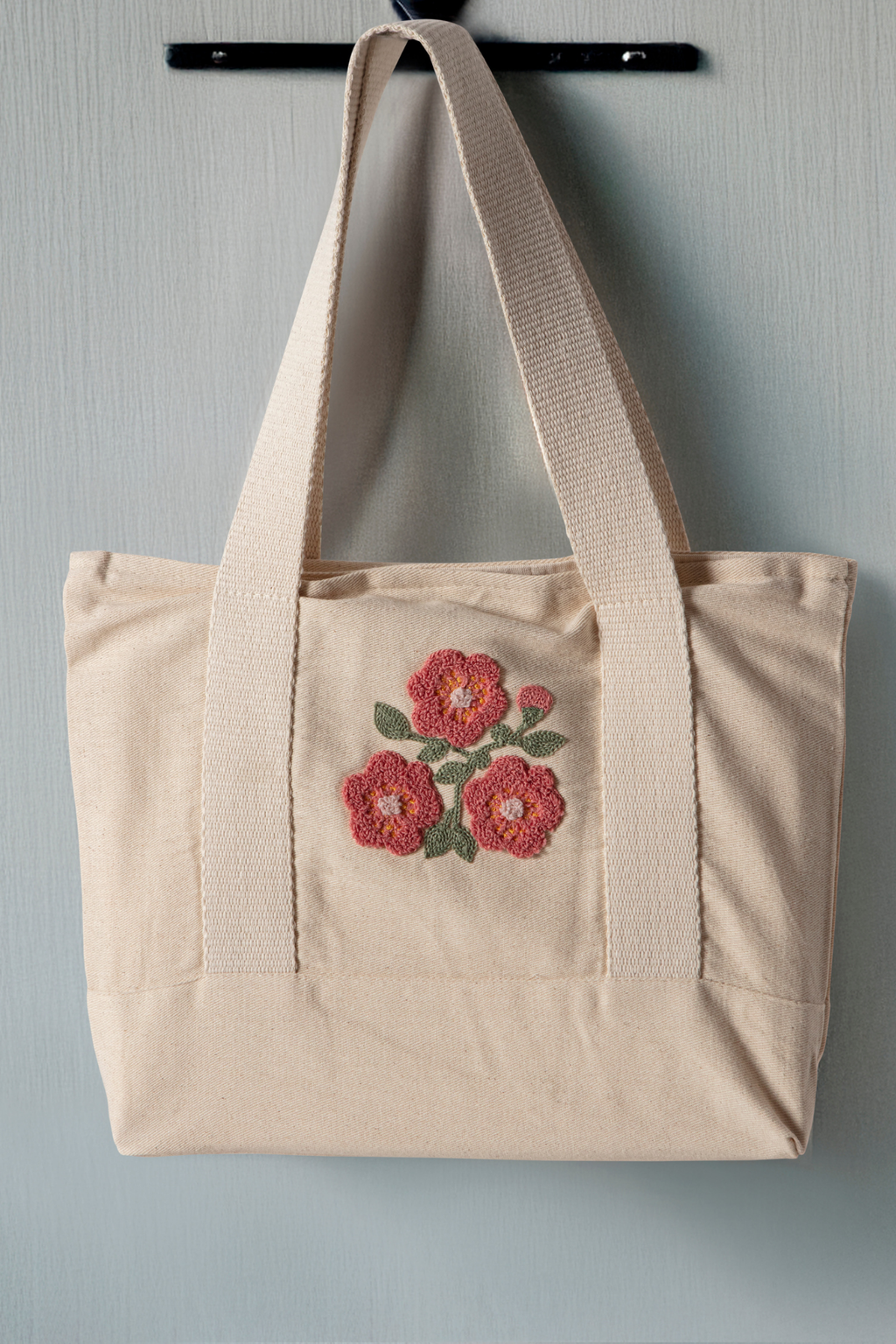 Çiçek Desenli Bez Keten Omuz Çantası, Plaj Çantası, İşlemeli El ve Kol Çantası %100 Pamuk 36x29 cm