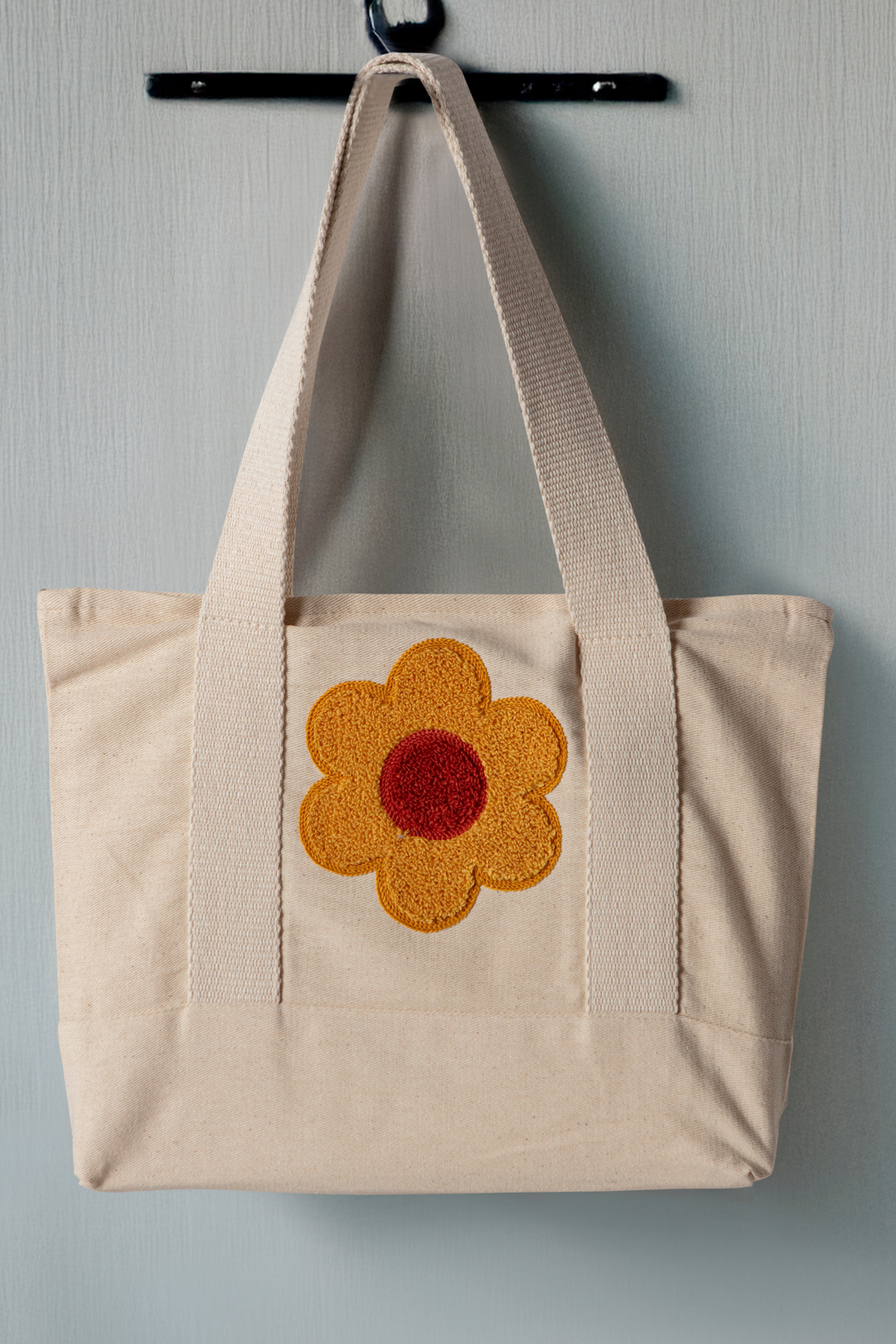 Sarı Çiçek Desenli Bez Keten Omuz Çantası, Plaj Çantası, İşlemeli El ve Kol Çantası %100 Pamuk 36x29 cm