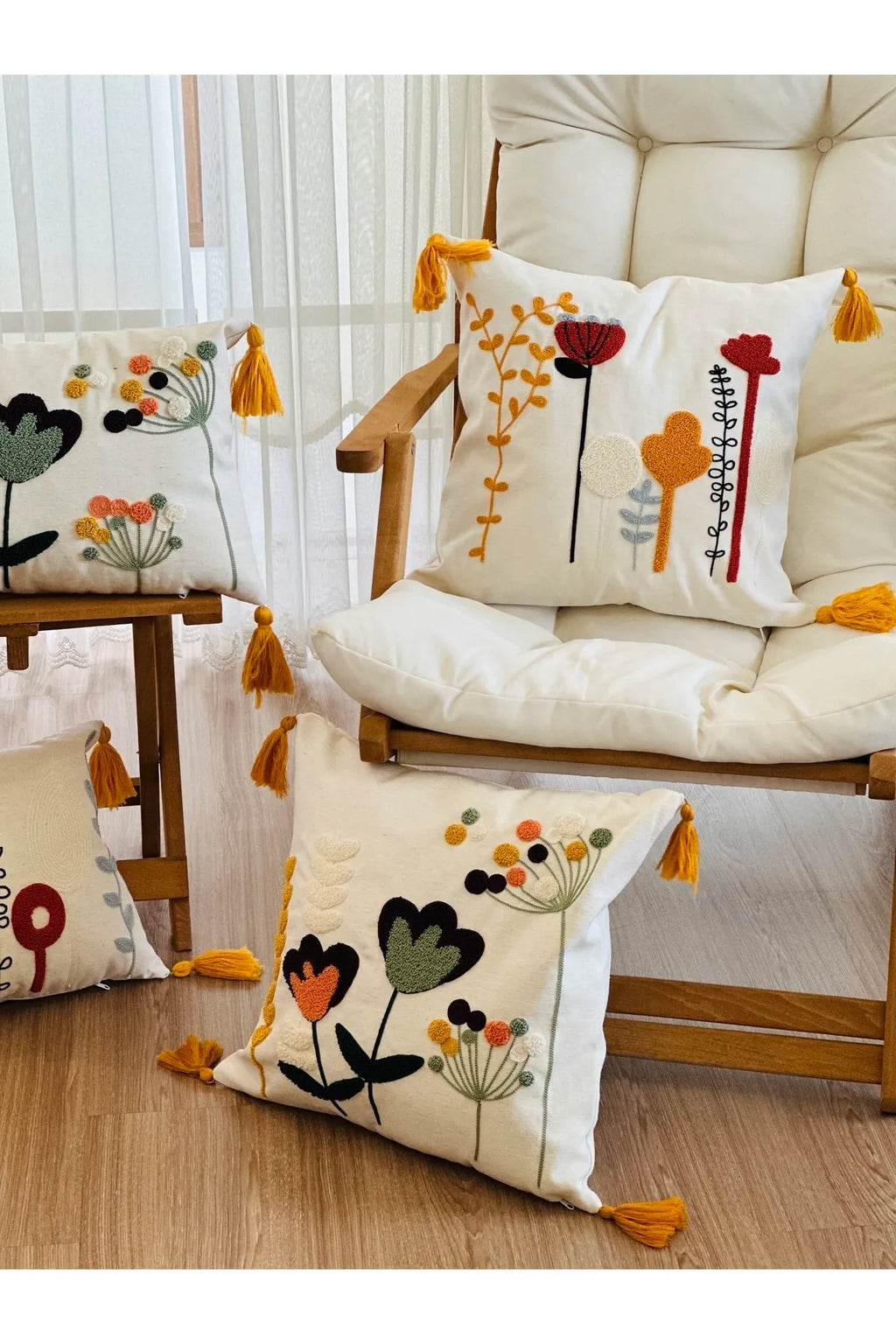 4'lü Kombin Punch İşlemeli Dekoratif Kırlent Kılıfı Seti, Beyaz