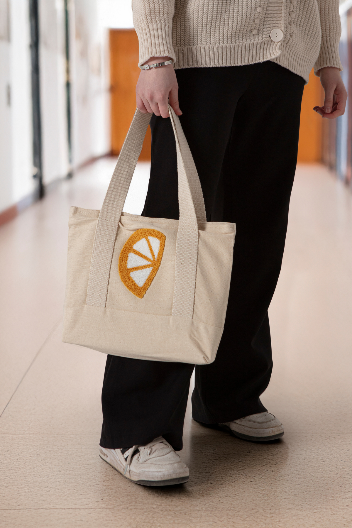 Portakal Desenli Bez Keten Omuz Çantası, Plaj Çantası, İşlemeli El ve Kol Çantası %100 Pamuk 36x29 cm