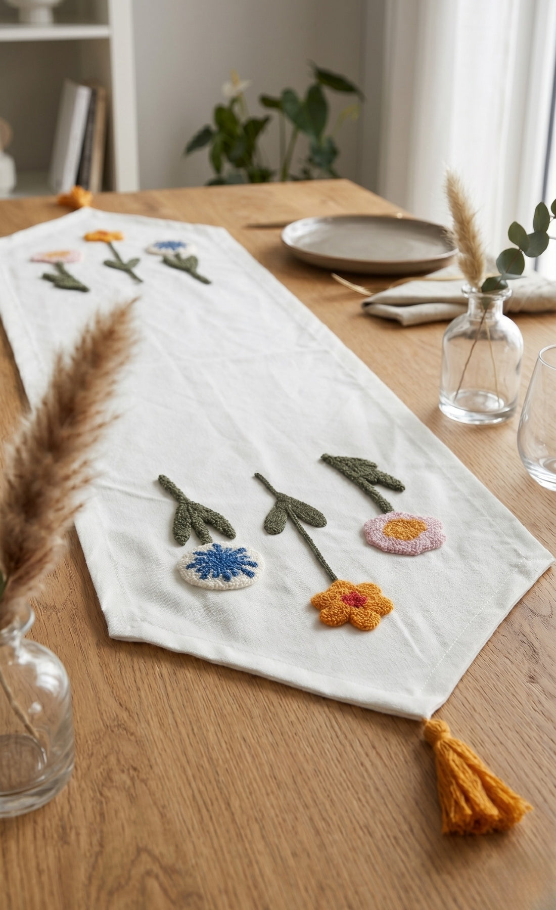 Punch İşlemeli Keten Dekoratif Vintage Bohem 140x35 Runner Masa Örtüsü