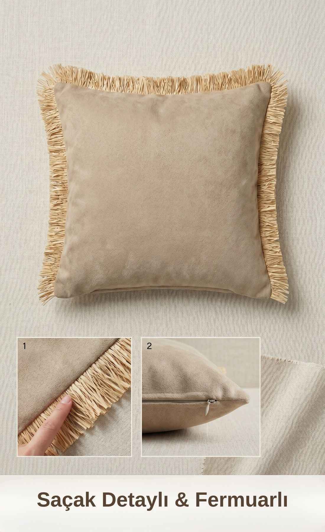 Saçaklı Yumuşak Kumaşlı Kırlent Kılıfı Bej