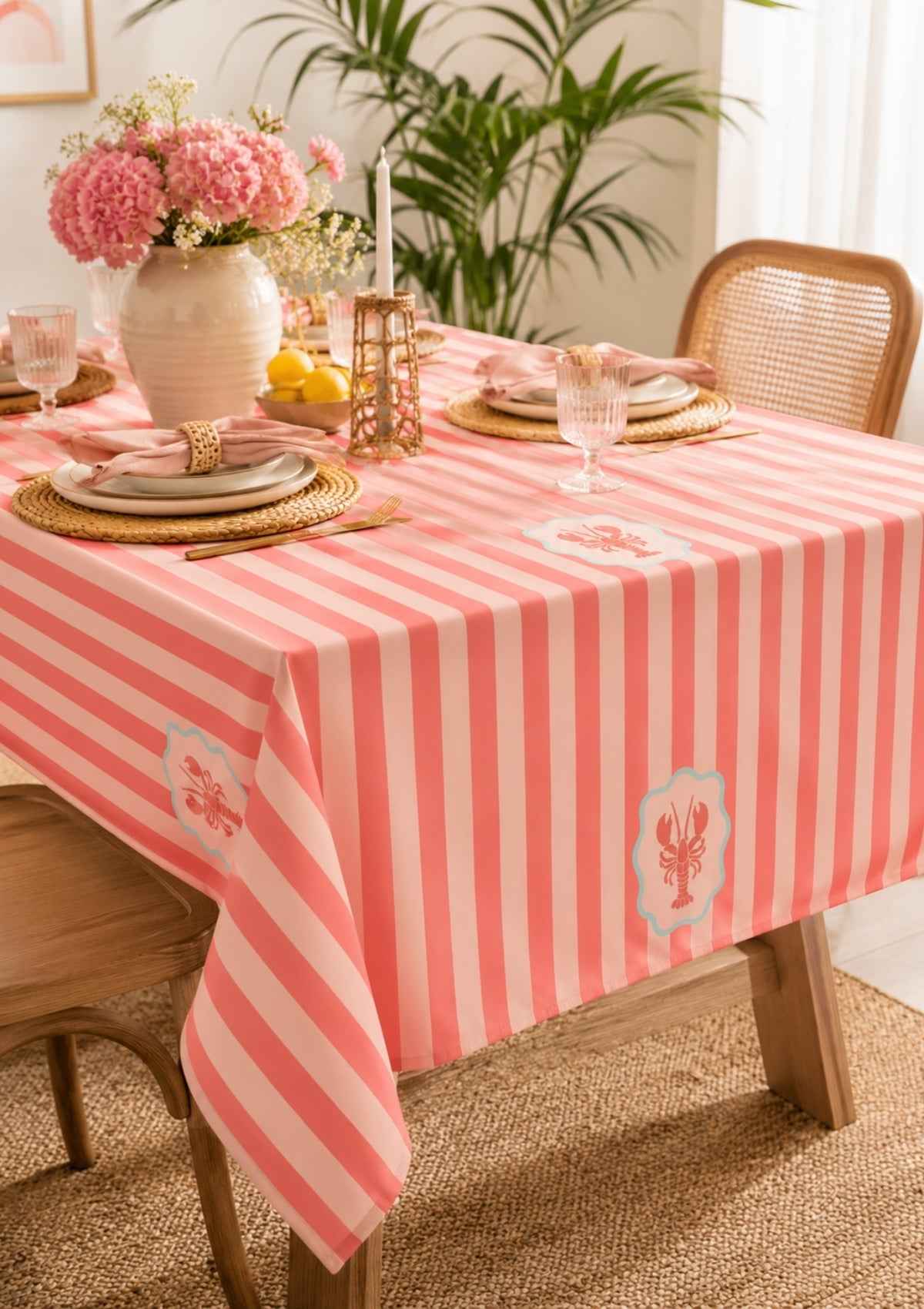 Pembe Baskılı Çizgili Dertsiz Leke Tutmaz Desenli Dikdörtgen Bahçe Balkon Salon Mutfak Masa Piknik Örtüsü 140x220cm