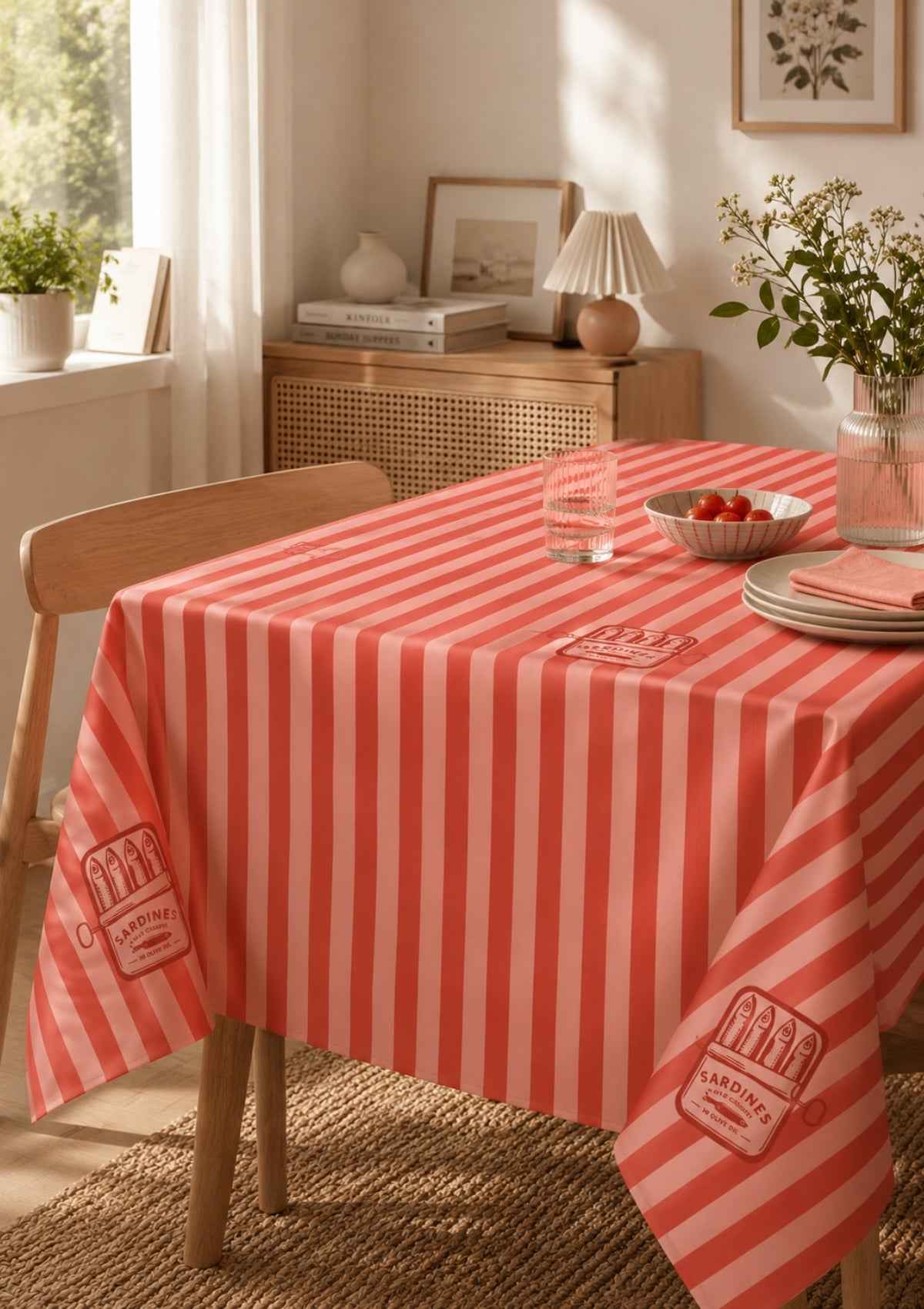 Kırmızı Baskılı Çizgili Dertsiz Leke Tutmaz Desenli Dikdörtgen Bahçe Balkon Salon Mutfak Masa Piknik Örtüsü 140x220cm