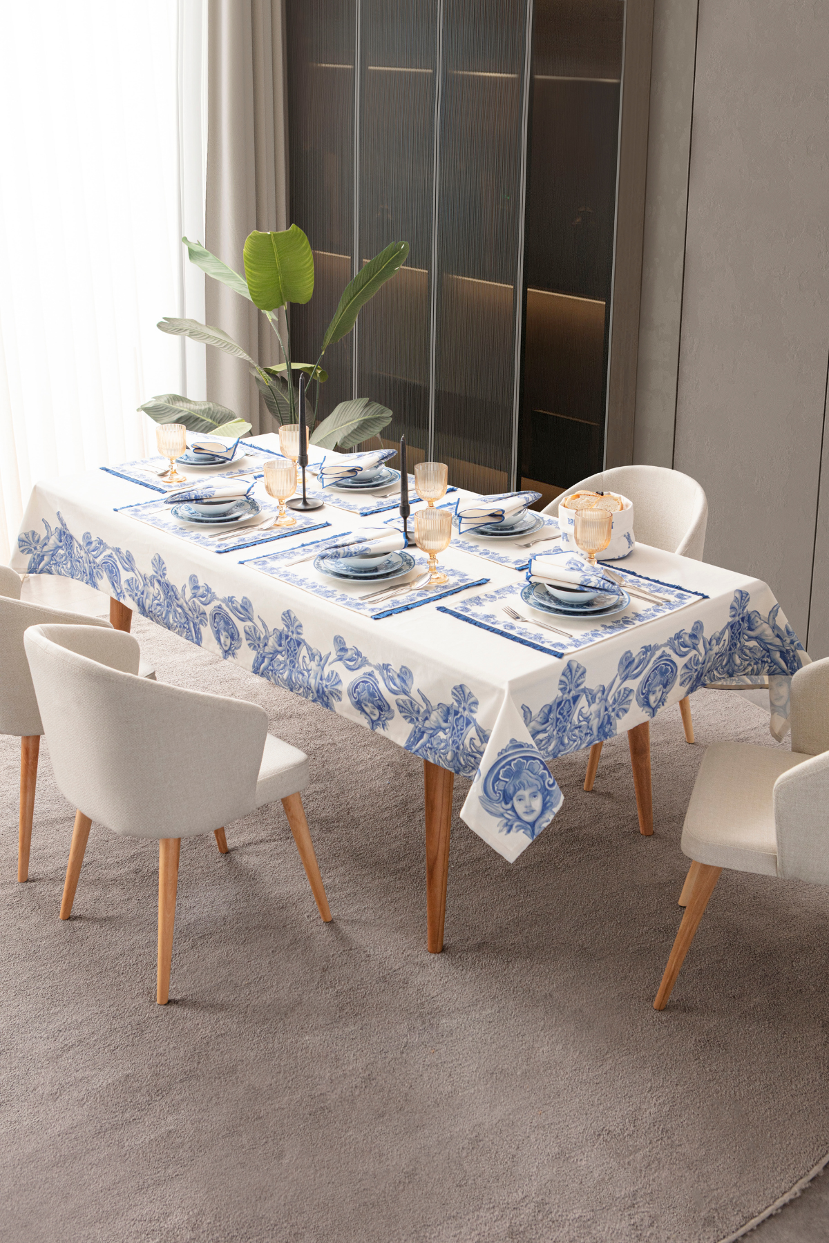 Azure Blue, Yemek Masası, Mutfak Masası Takımı, Masa Örtüsü,Runner,6 Amerikan Servis, 6 Kumaş Peçete