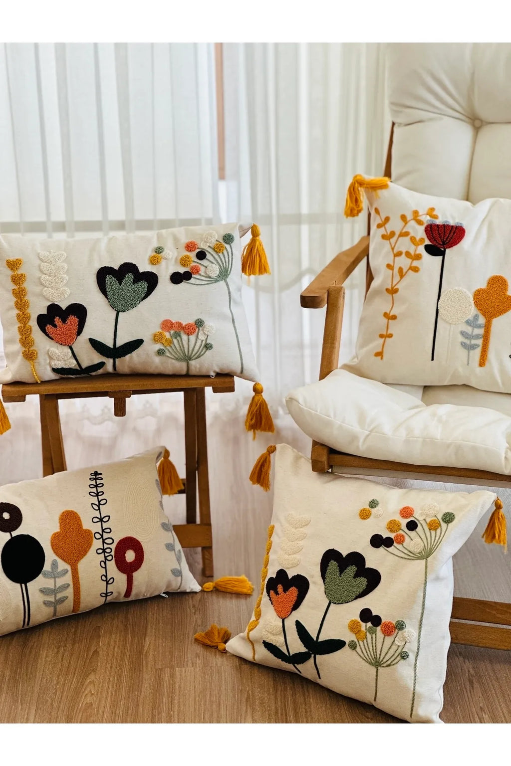 4'lü Kombin Punch İşlemeli Dekoratif Kırlent Kılıfı Seti, Beyaz