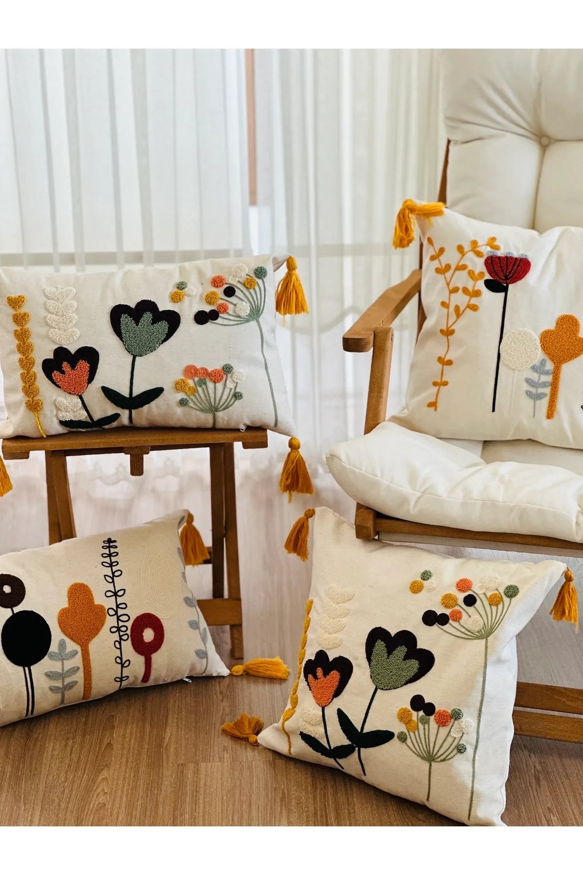 4'lü Kombin Punch İşlemeli Dekoratif Kırlent Kılıfı Seti, Beyaz