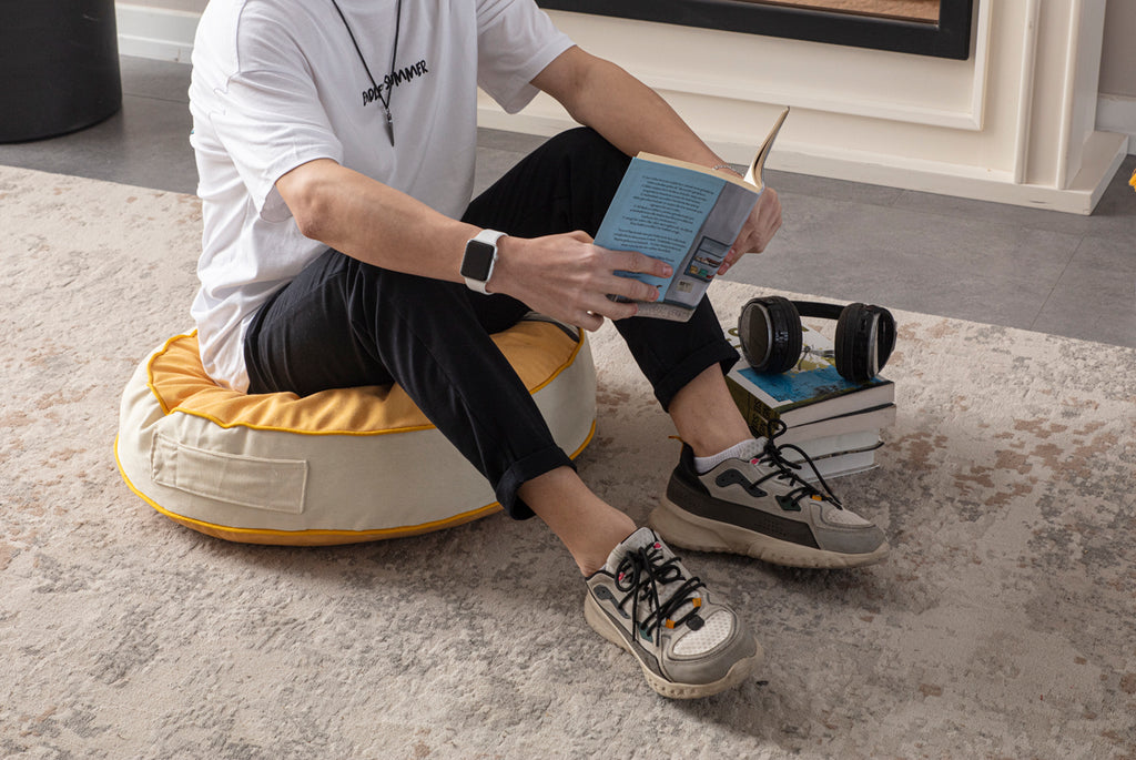 Yuvarlak Dekoratif Bahçe Minderi, Taşınabilir Balkon Pufu, 60x60cm, Kedi Desenli