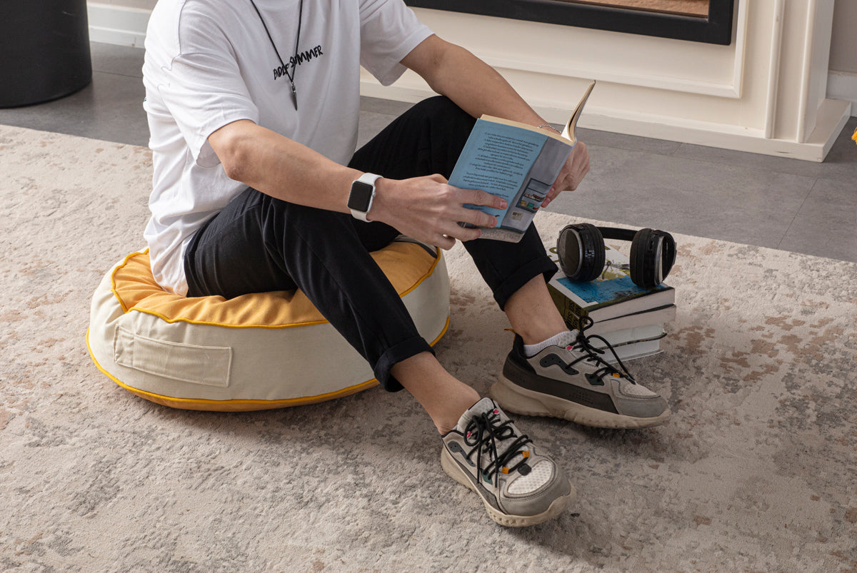 Yuvarlak Dekoratif Bahçe Minderi, Taşınabilir Balkon Pufu, 60x60cm, Kedi Desenli