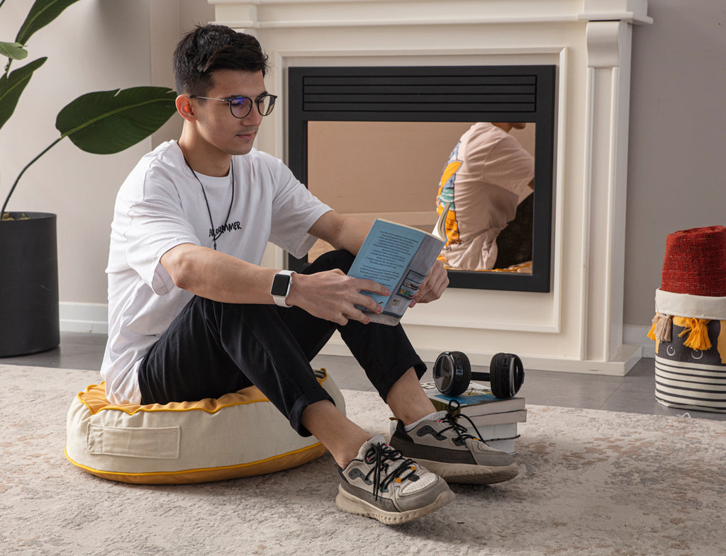 Yuvarlak Dekoratif Bahçe Minderi, Taşınabilir Balkon Pufu, 60x60cm, Kedi Desenli