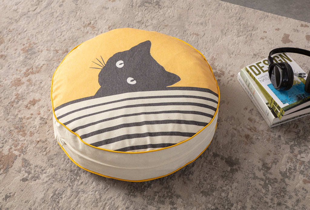 Yuvarlak Dekoratif Bahçe Minderi, Taşınabilir Balkon Pufu, 60x60cm, Kedi Desenli