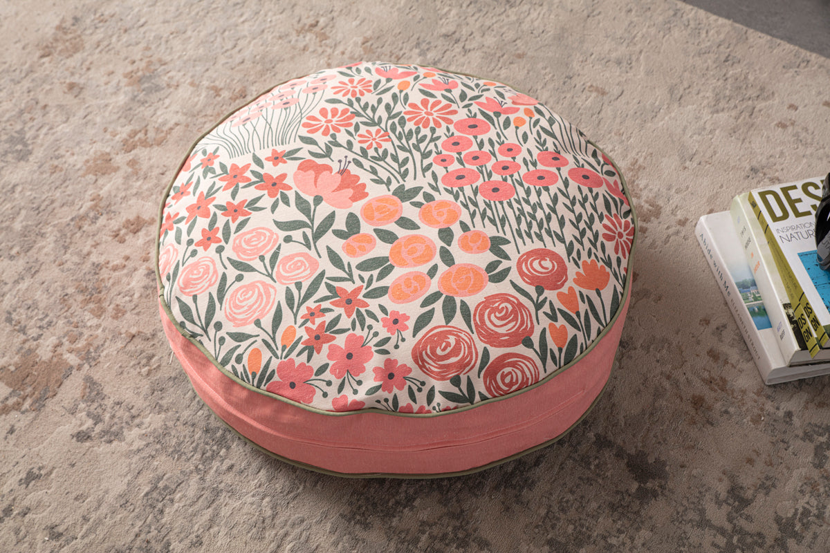 Yuvarlak Dekoratif Bahçe Minderi, Taşınabilir Balkon Pufu, 60x60cm, Pembe Çiçek Desenli