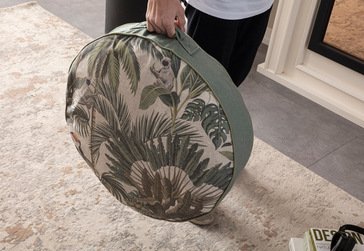 Yuvarlak Dekoratif Bahçe Minderi, Taşınabilir Balkon Pufu, 60x60cm, Gri Palmiye Desenli