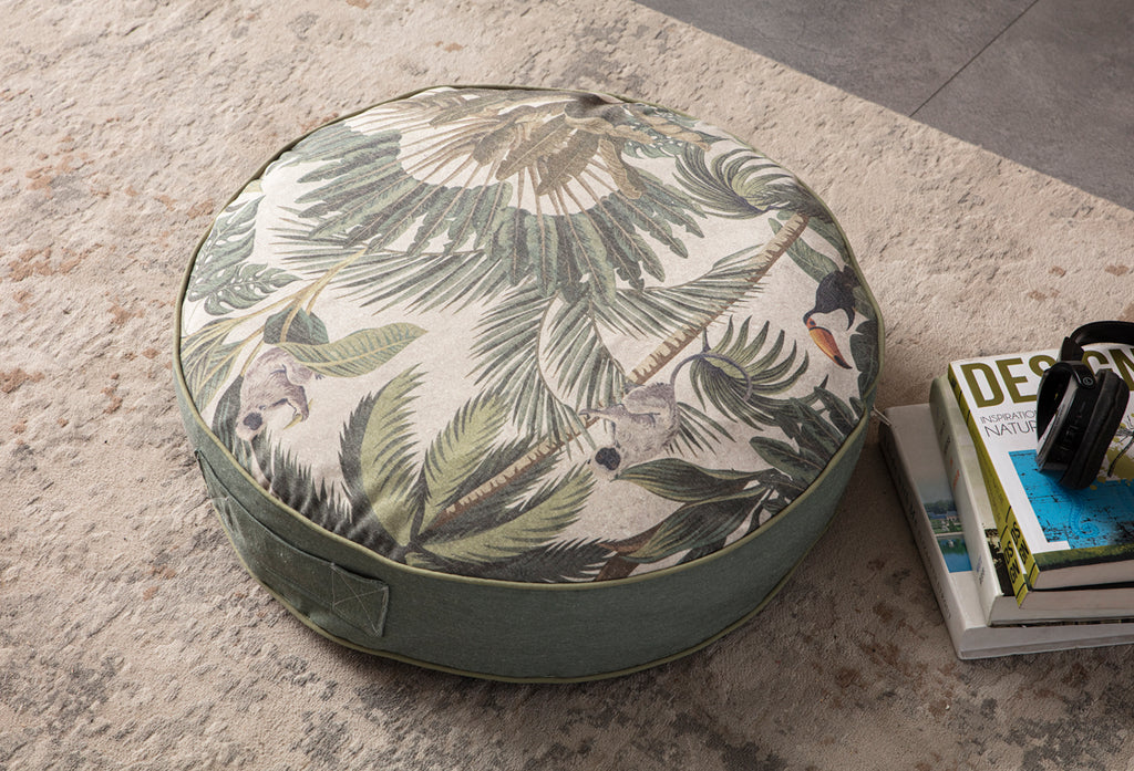 Yuvarlak Dekoratif Bahçe Minderi, Taşınabilir Balkon Pufu, 60x60cm, Gri Palmiye Desenli