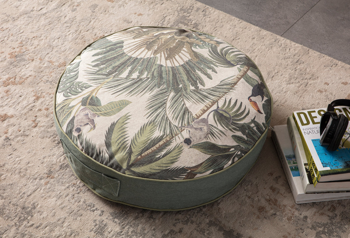 Yuvarlak Dekoratif Bahçe Minderi, Taşınabilir Balkon Pufu, 60x60cm, Gri Palmiye Desenli